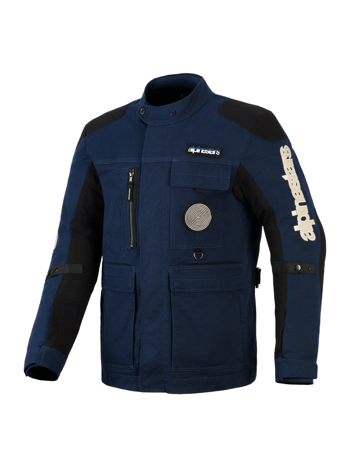 Giacca Alpinestars Dice, giacca da moto in stile field urbana, blu scuro con pannelli neri su spalle e maniche, con diverse tasche utility, tasca verticale con zip sul petto e grafica circolare a spirale, grande logo Alpinestars bianco sulla manica, costruzione in tessuto idrorepellente resistente