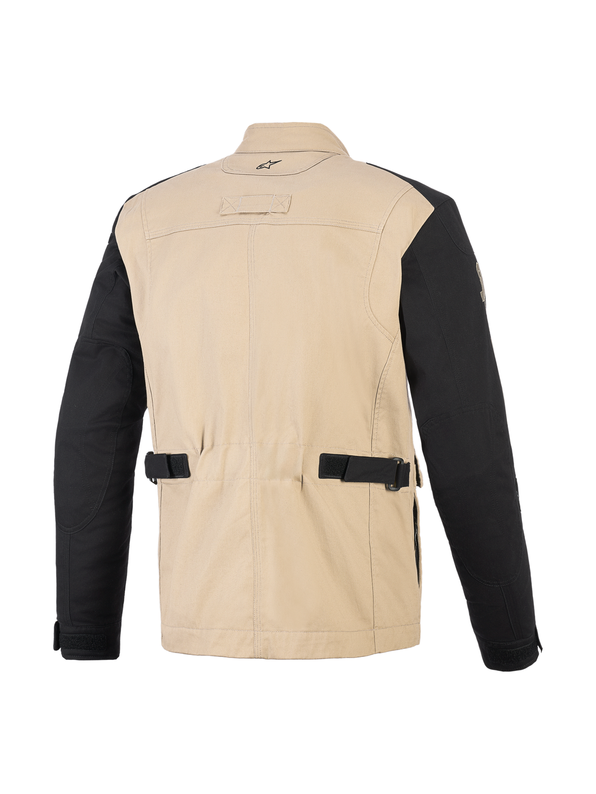Giacca Alpinestars Dice, giacca da moto urbana, Aluminum Black, vista posteriore che mostra il corpo in policotone tan e le maniche nere, con cinghie di regolazione in vita, pannelli sulle spalle a pieghe e design ispirato al workwear