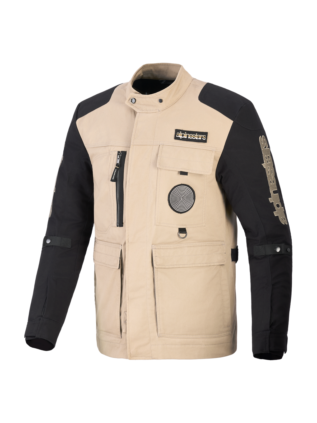 Giacca Alpinestars Dice, giacca da moto urbana, sabbia e nero, design ispirato al workwear con quattro tasche anteriori e patch con logo, robusta costruzione in tessuto per prestazioni stradali