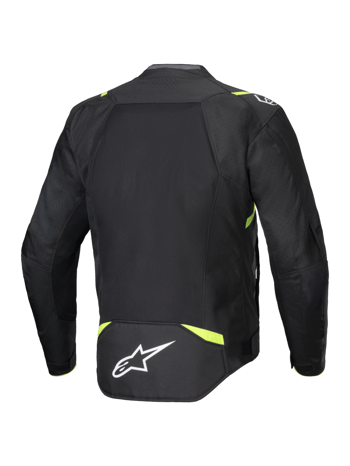Giacca Alpinestars T-SPS Air V2, giacca da moto in tessuto, nero e giallo fluo, vista posteriore con ampi pannelli in rete per il flusso d'aria, dettagli giallo fluorescente su spalle e vita, logo Alpinestars bianco sulla parte inferiore della schiena