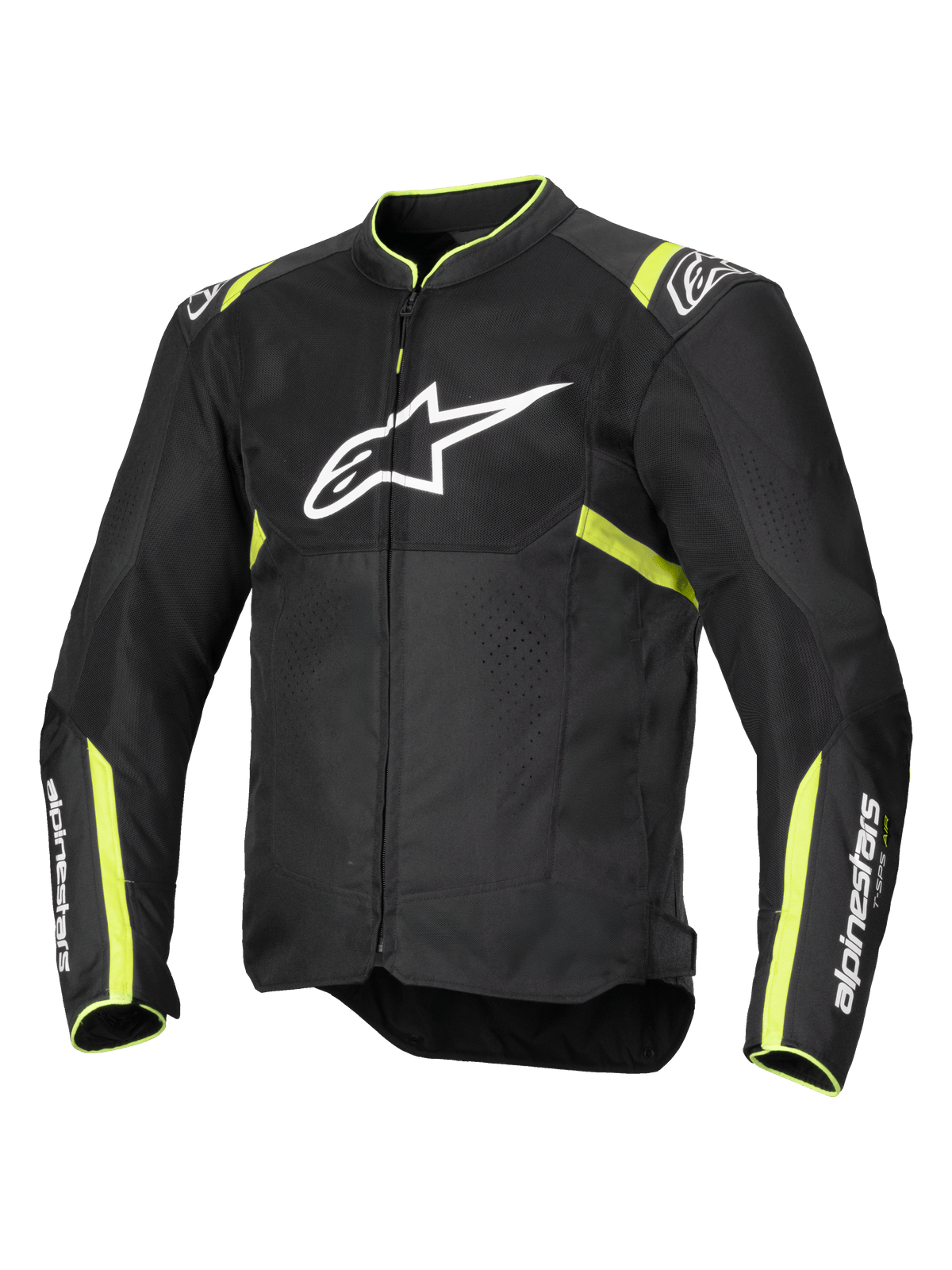 Giacca Alpinestars T-Sps Air V2, giacca da moto, nero e giallo fluo, con grande logo bianco sul petto, pannelli in rete per la ventilazione, accenti giallo fluorescente su spalle e maniche, design sportivo in tessuto