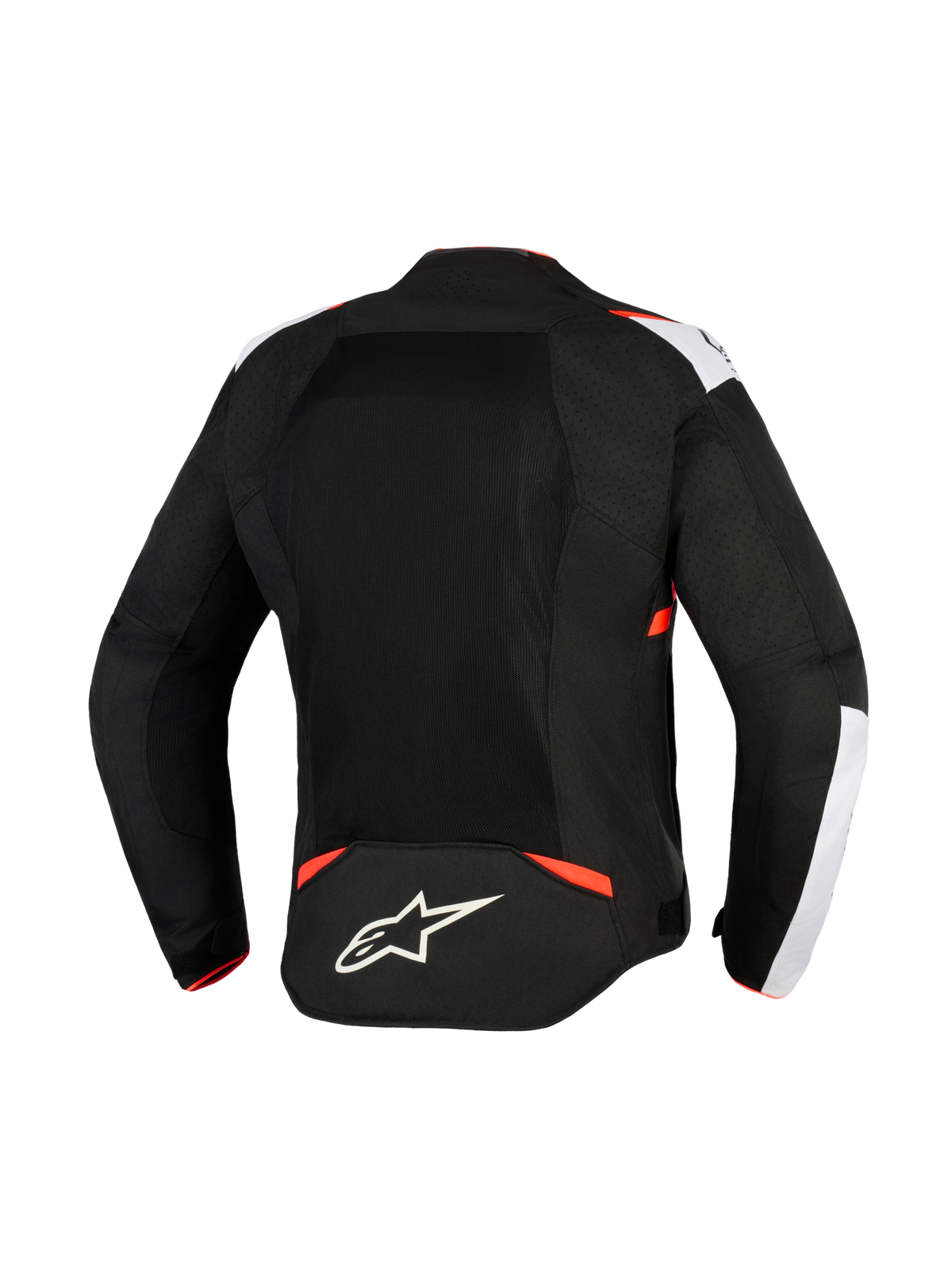 Giacca Alpinestars T-Sps Air V2, giacca da moto in tessuto, nero, bianco e rosso fluo, vista posteriore con ampi pannelli in mesh per il flusso d'aria, dettagli bianchi sulle spalle, logo a stella Alpinestars sulla parte bassa della schiena, design sportivo urbano.