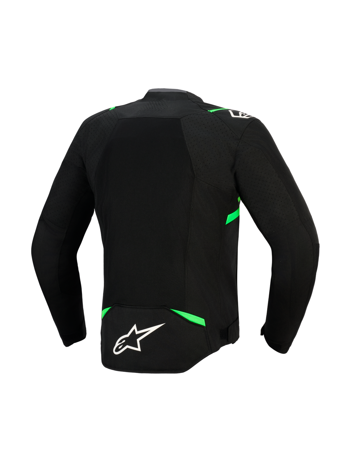 Giacca Alpinestars T-SPS Air V2, vista posteriore, nero e verde fluo, con un ampio pannello in rete tecnica per il massimo flusso d'aria, dettagli verde fluorescente su spalle e vita e logo Alpinestars bianco sulla parte bassa della schiena.