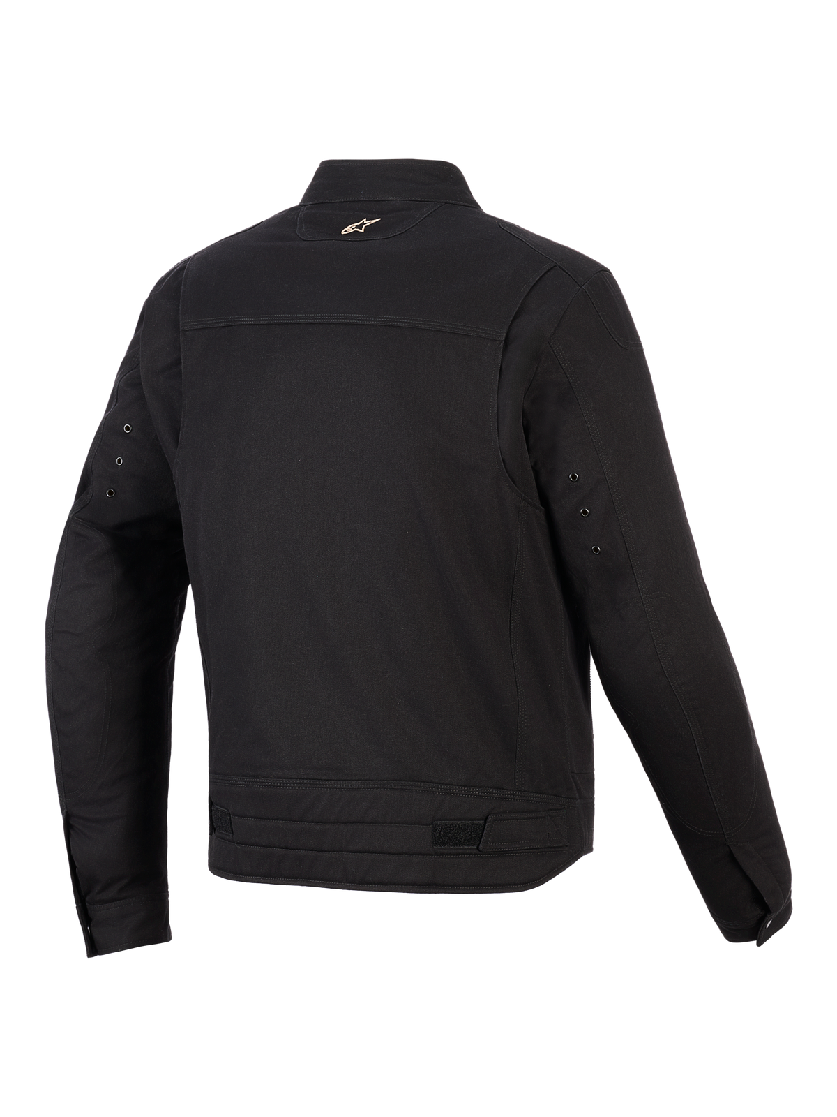 Giacca Alpinestars Bruiser, giacca da moto urbana, nero, vista posteriore che mostra pannelli articolati sulle spalle, regolatori in vita e piccolo logo ricamato sul colletto, design in tessuto robusto ispirato all'abbigliamento da lavoro