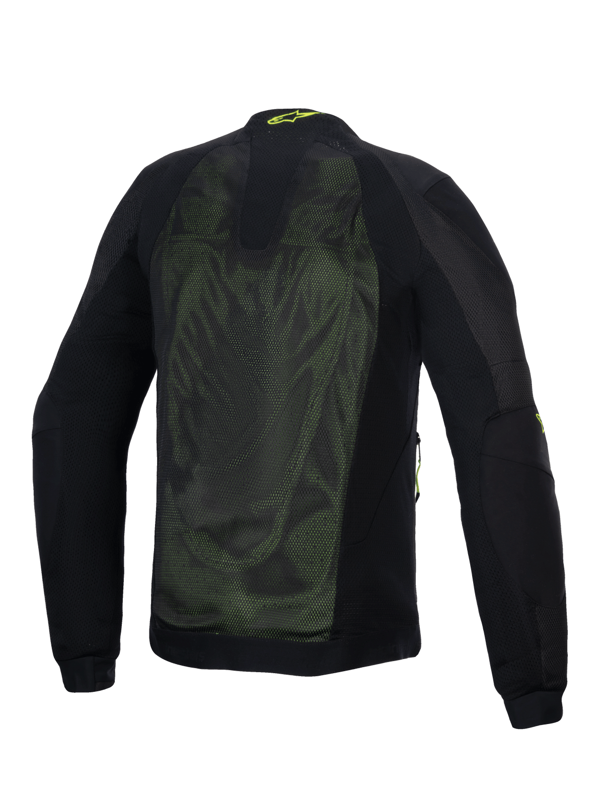 Giacca Alpinestars Troop-Air, giacca tecnica da moto in mesh, Nero e Giallo Fluo, vista posteriore con ampi pannelli in mesh tecnico 2D per il flusso d'aria, logo Alpinestars giallo sul colletto e maniche in tessuto rinforzato