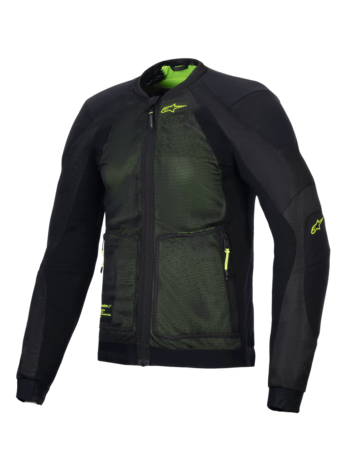 Alpinestars Troop-Air Jacket, giacca da moto traforata avanzata, nero e giallo fluo, con costruzione in mesh tecnico 2D per un flusso d'aria superiore, logo Alpinestars giallo fluo sul petto e sulla manica, design leggero e traspirante per la guida estiva su strada
