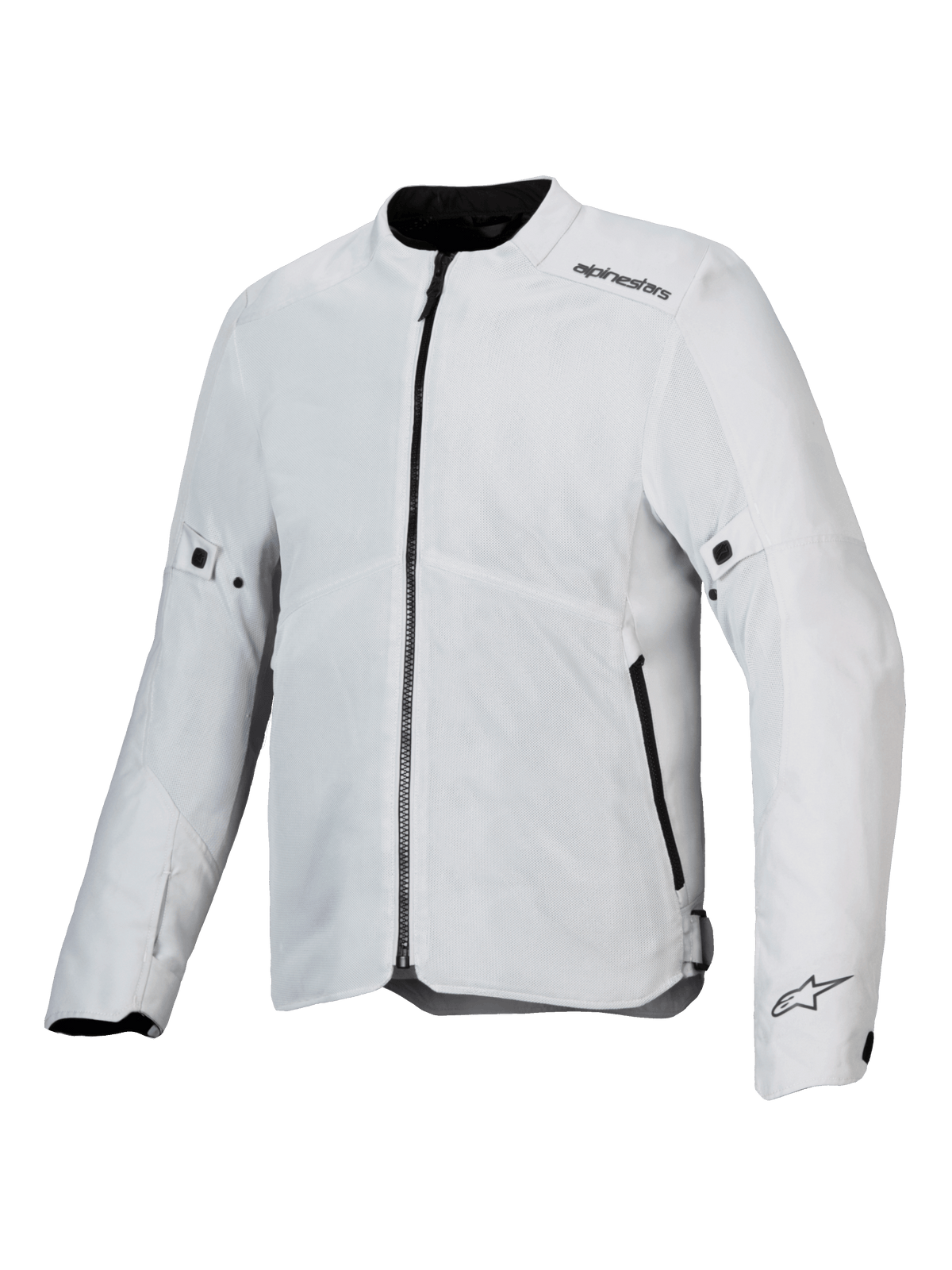Giacca Alpinestars C-1 Air, giacca da moto, argento, costruzione in tessuto leggero con pannelli in rete tecnica, vista frontale con cerniera nera centrale e tasche laterali, loghi Alpinestars sulla spalla e sul polsino, stile urban commuting