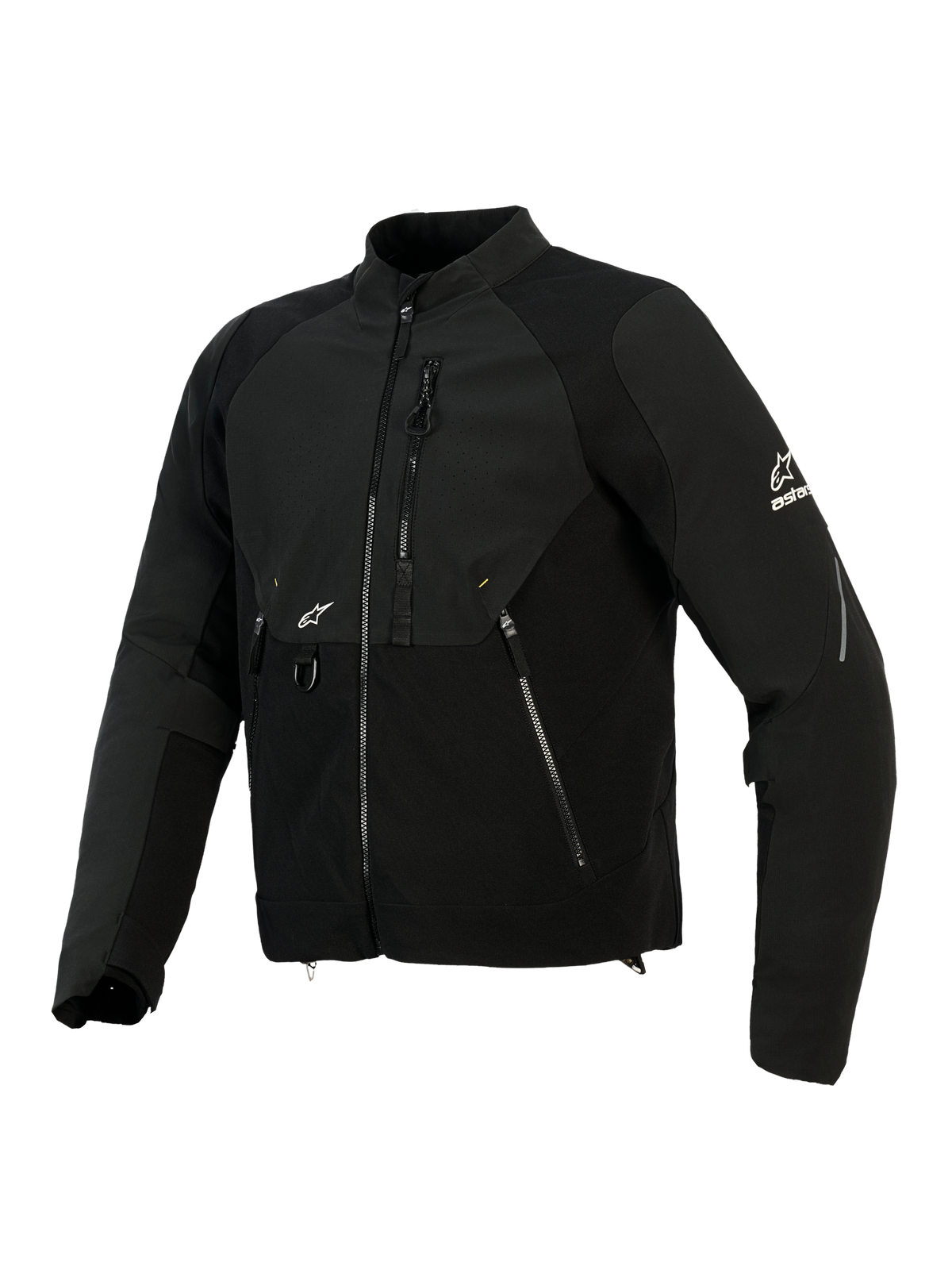 Giacca Alpinestars Provoke, giacca da moto in tessuto, nera, pannelli in softshell ripstop, zona del petto traforata al laser, tasche con cerniera, logo Alpinestars bianco su manica e petto, abbigliamento da guida urbano contemporaneo