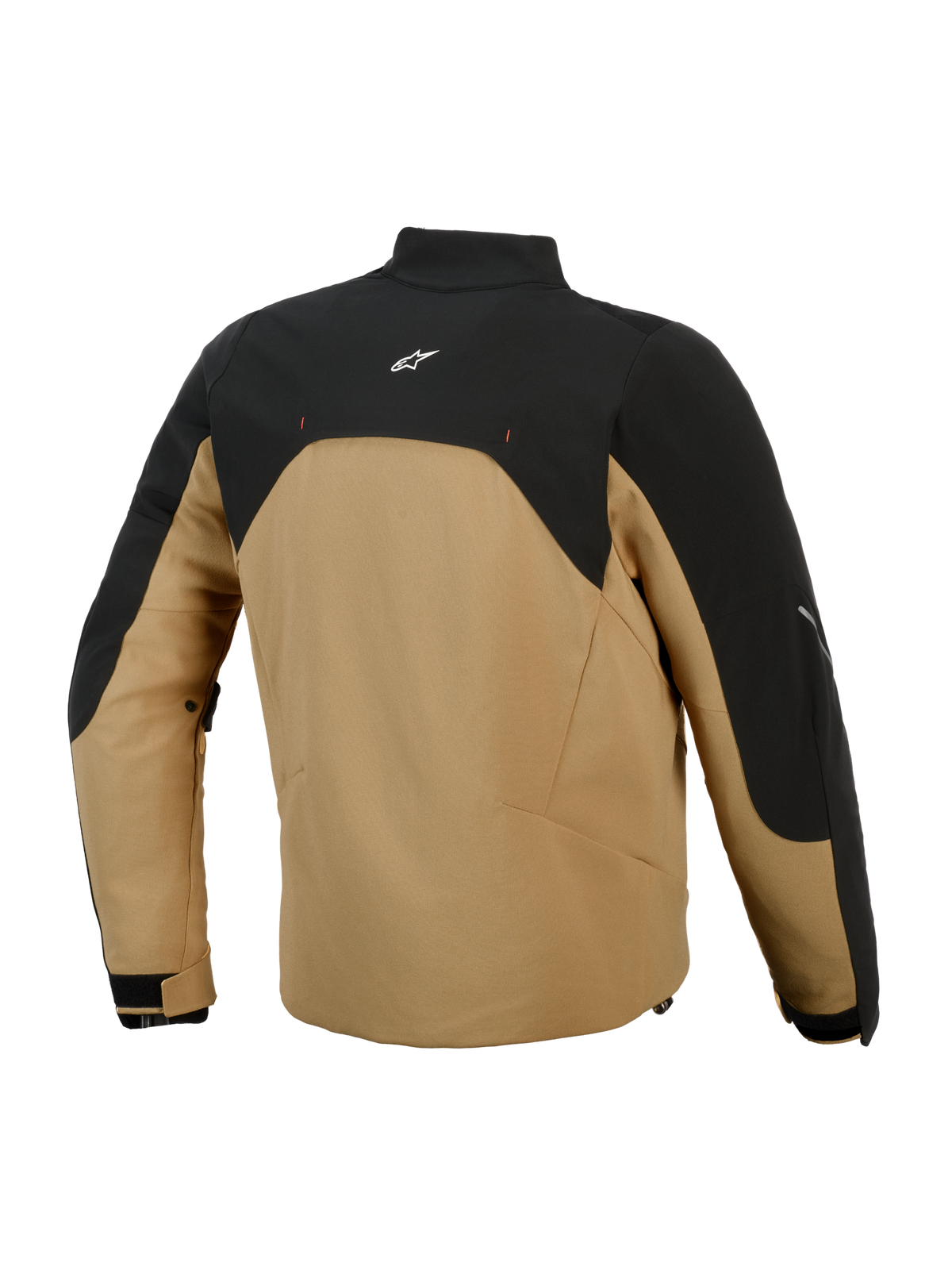 Giacca Alpinestars Provoke, giacca da moto urbana, nero e cammello, vista posteriore con pannello superiore nero e logo bianco, corpo in softshell color cammello, silhouette contemporanea con dettagli riflettenti, progettata per i motociclisti urbani
