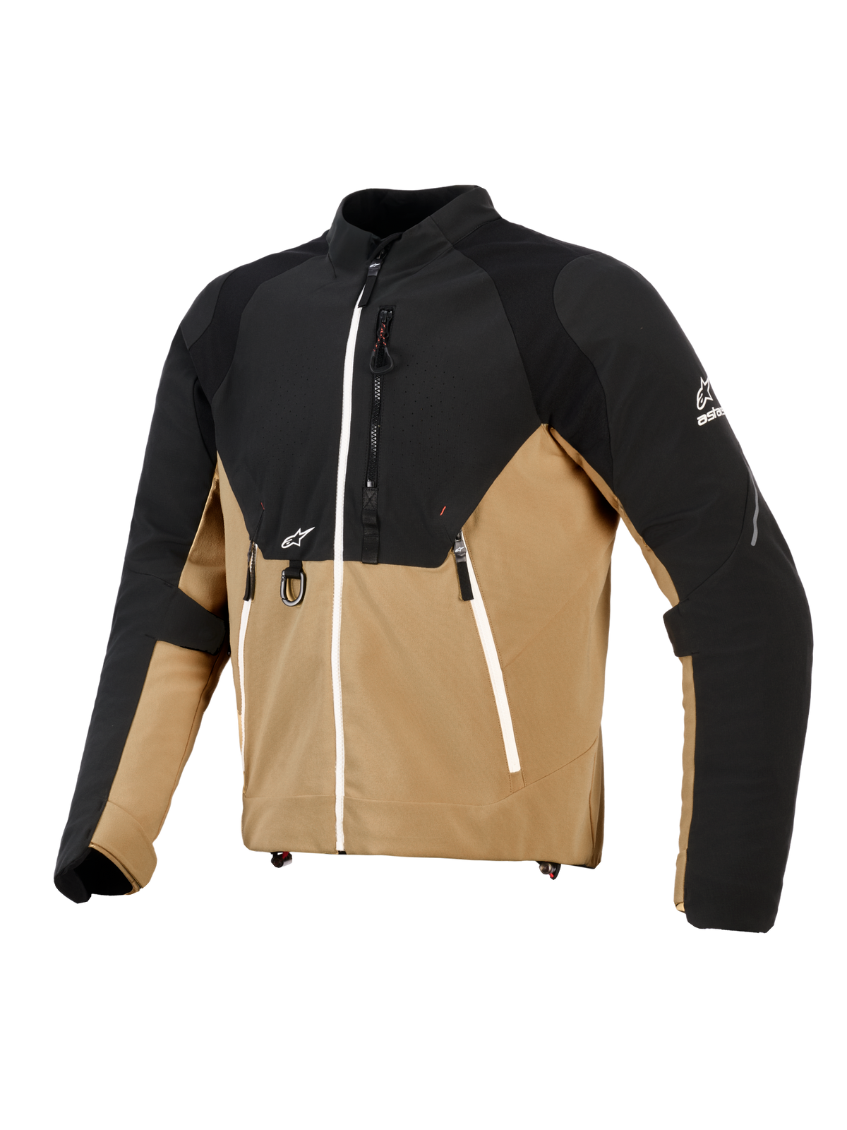 Alpinestars Provoke Jacket, giacca da moto urbana, nero e cammello, costruzione in tessuto tecnico con pannelli ripstop, con dettagli delle cerniere bianchi, anello a D in metallo frontale e loghi Alpinestars, design contemporaneo d'ispirazione outdoor