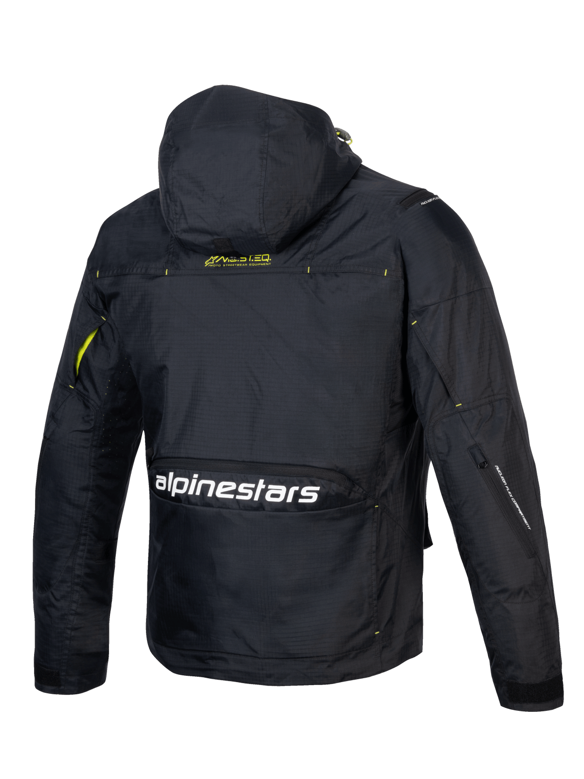 Alpinestars Giacca Mogress Air, giacca da moto urban, nera e verde lime, tessuto ripstop ventilato, con cappuccio e logo.