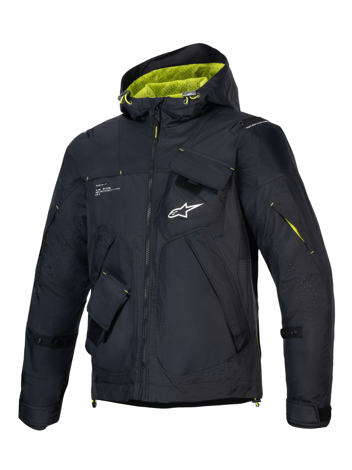 Alpinestars giacca Mogress Air, giacca da moto urban da uomo, nero e verde lime, tessuto ripstop ventilato, con cappuccio e protezioni Nucleon Flex Plus, certificata CE