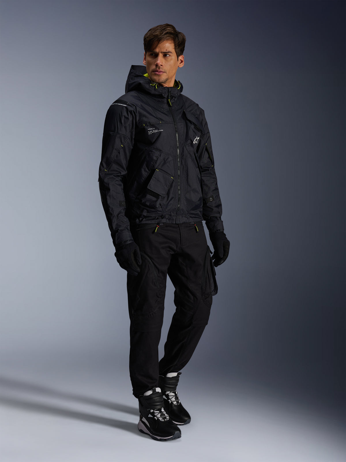 Giacca Alpinestars Mogress Air, giacca da moto urbana da uomo, nera e lime punch, design utility in ripstop ventilato.