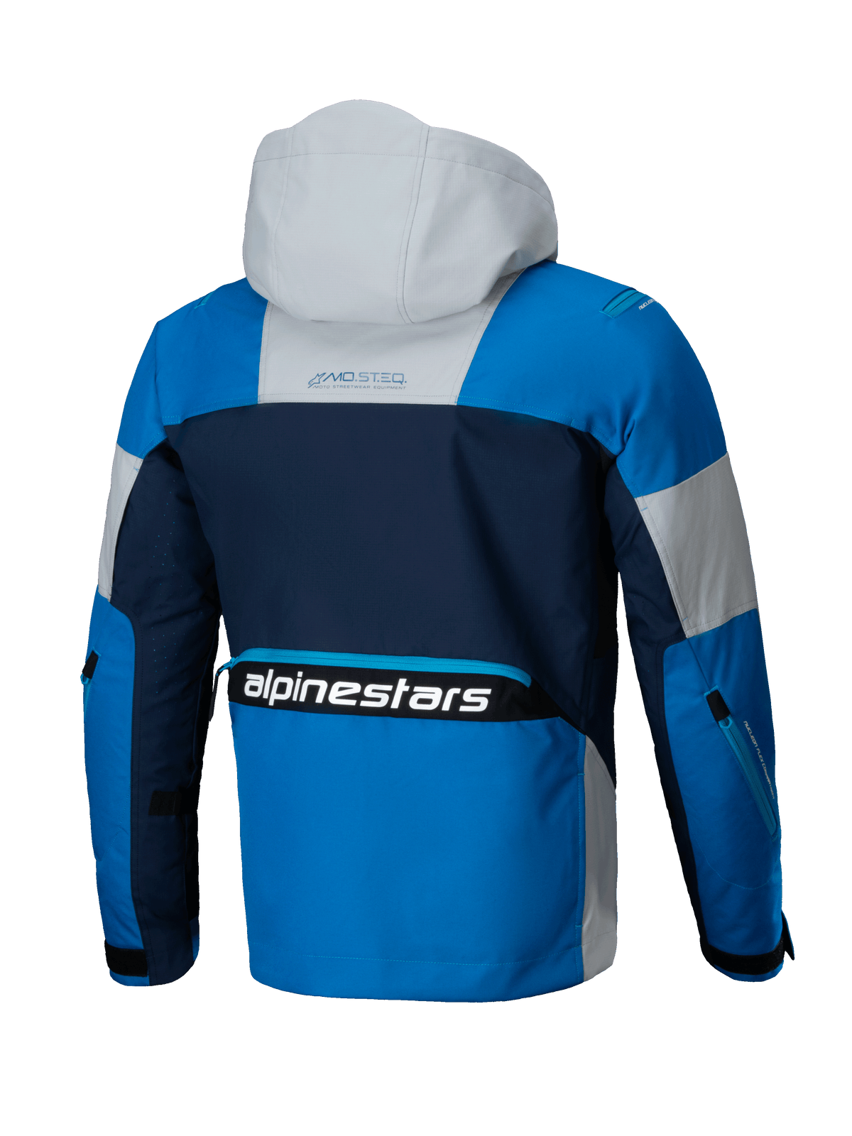 Alpinestars Giacca Mogress Air, giacca da moto urban blu e grigio mandorla, vista posteriore con cappuccio, certificata CE.