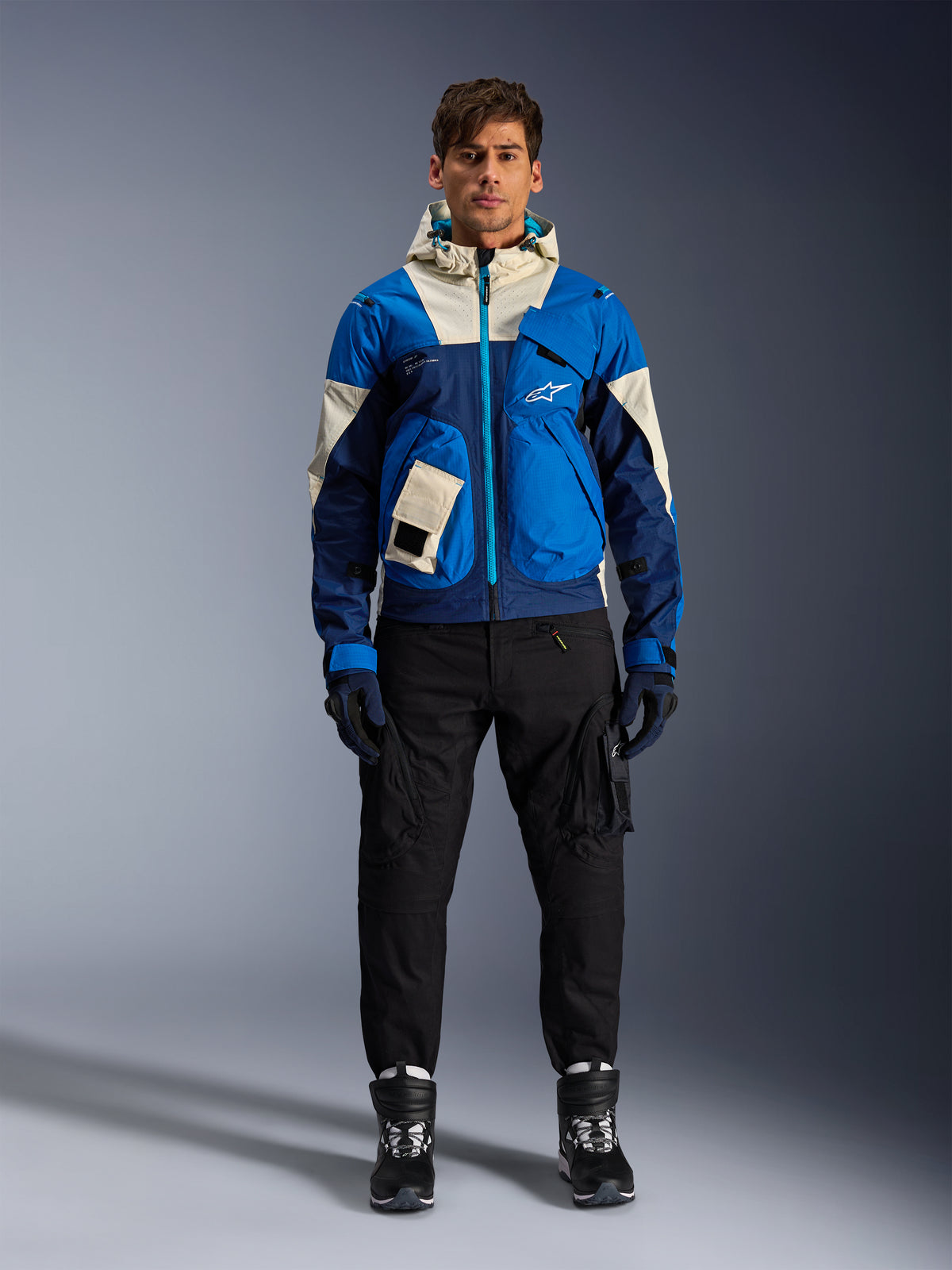 Alpinestars Mogress Air, giacca da moto urban da uomo, blu e crema, in tessuto, certificata CE, con cappuccio