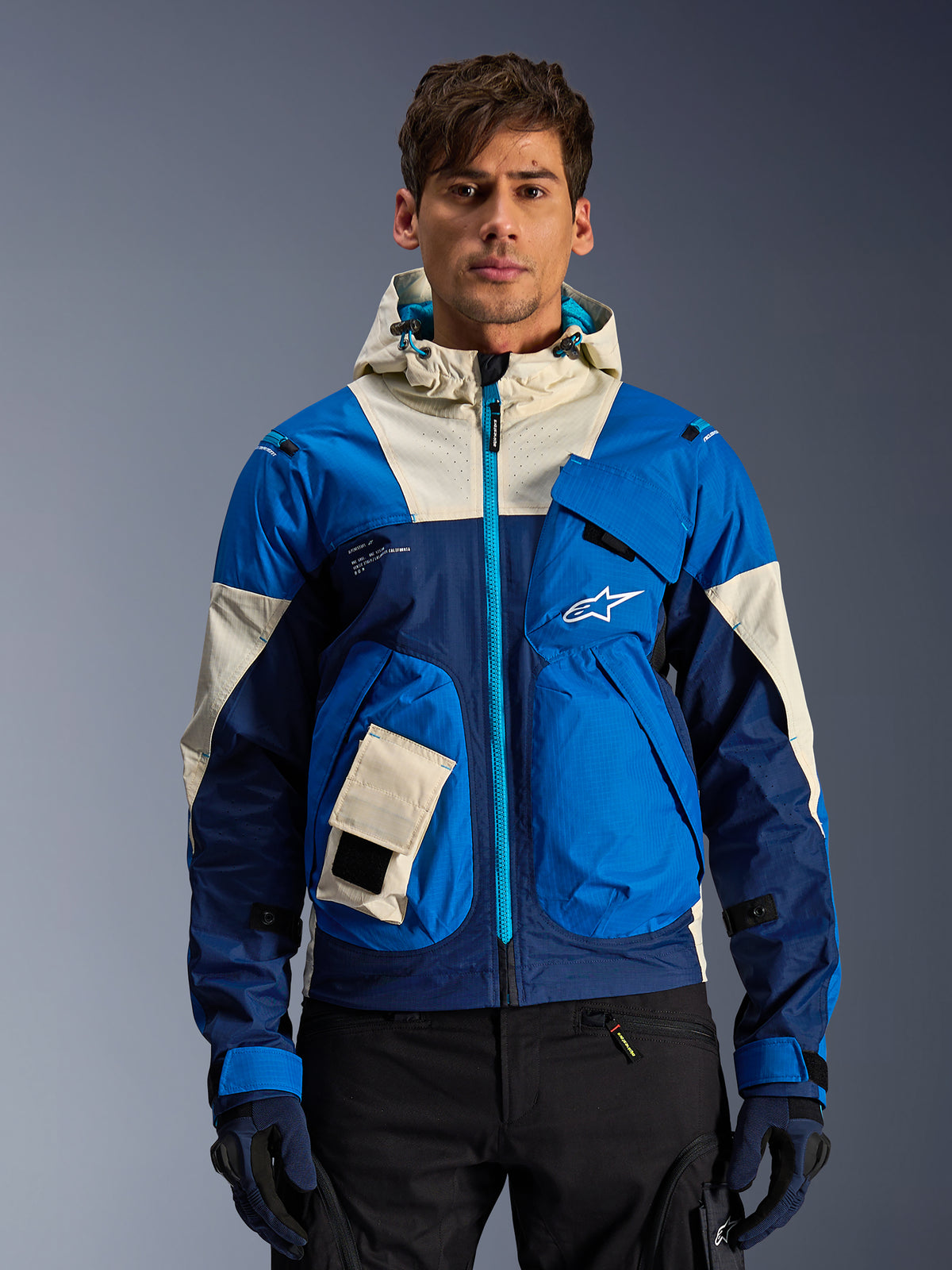 Alpinestars Giacca Mogress Air, giacca da moto urbana da uomo, blu e mandorla, con cappuccio ventilato e tasche utility.
