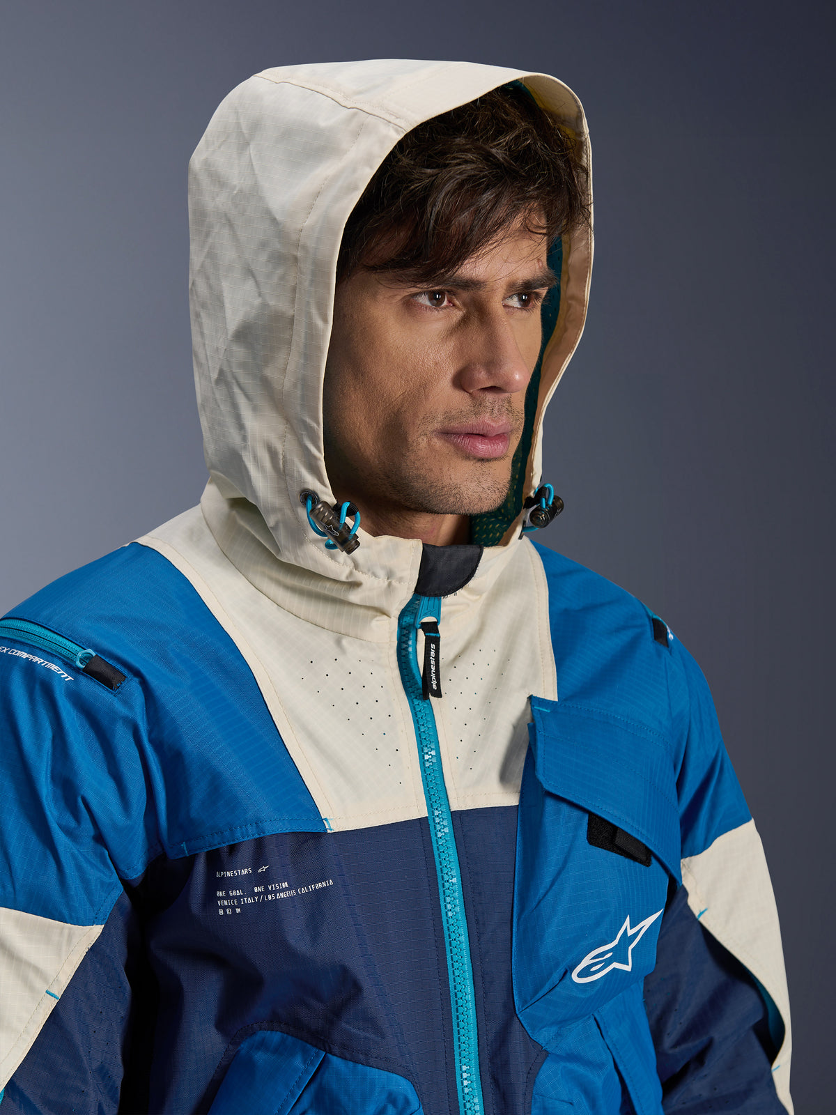 Alpinestars Giacca Mogress Air, giacca da moto urban da uomo, blu e mandorla, tessuto ventilato con cappuccio.