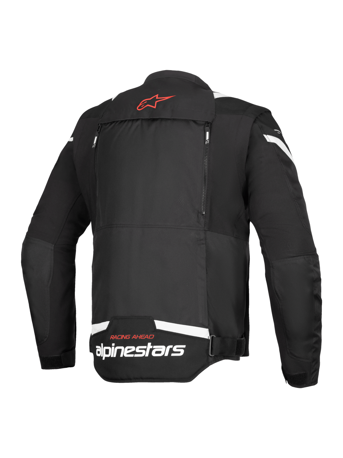 Alpinestars T-Stunt Air Jacket, vista posteriore, nero e bianco, con logo a stella rosso sul collo, marchio bianco sulla parte inferiore della schiena e cerniere verticali per il sistema modulare di flusso d'aria.
