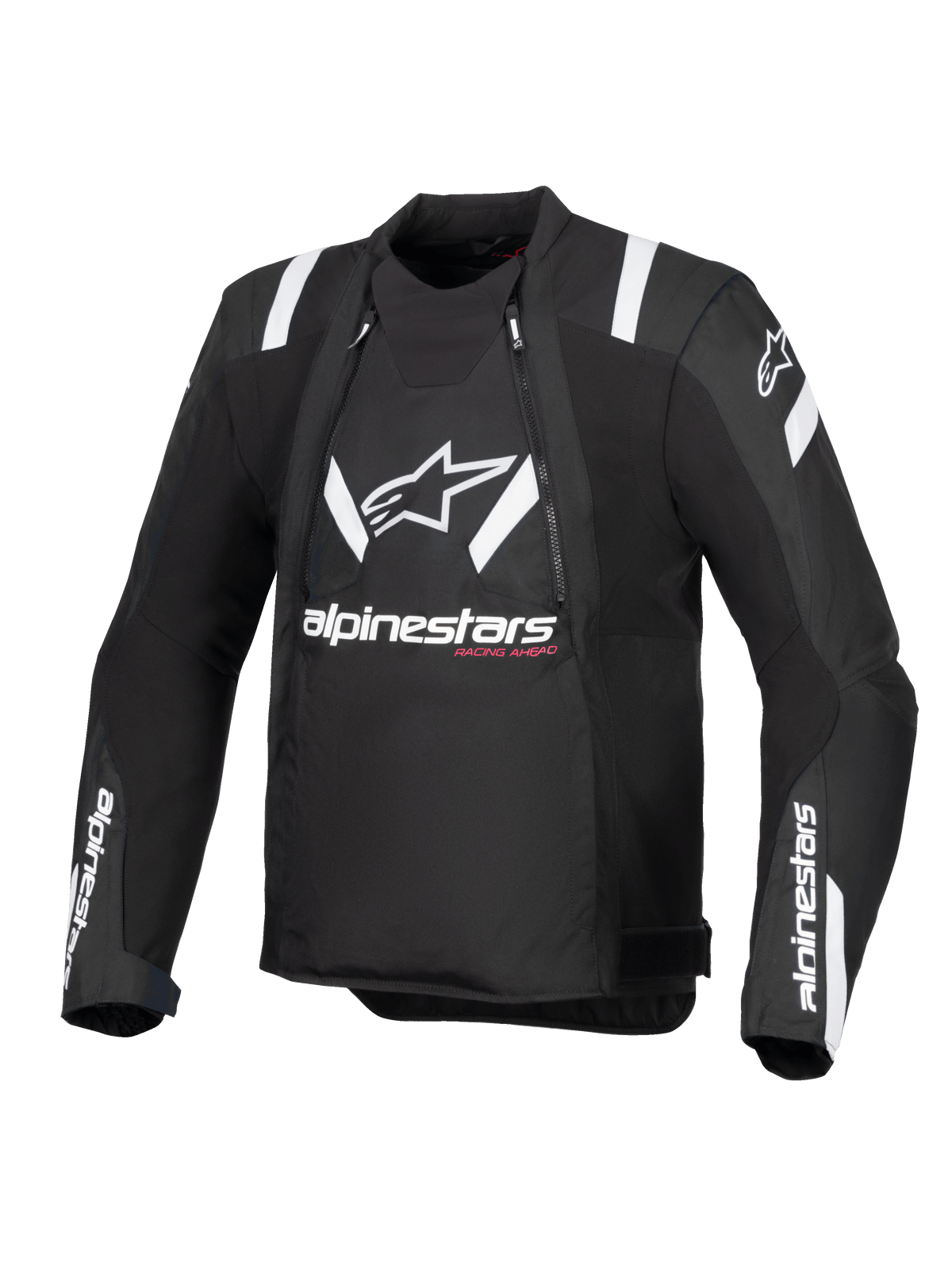Giacca Alpinestars T-Stunt Air, nero e bianco, vista frontale di giacca da moto dal taglio sportivo, con grande logo e scritta Alpinestars in bianco sul petto, dettagli bianchi sulle spalle e pannelli in mesh per la ventilazione modulare