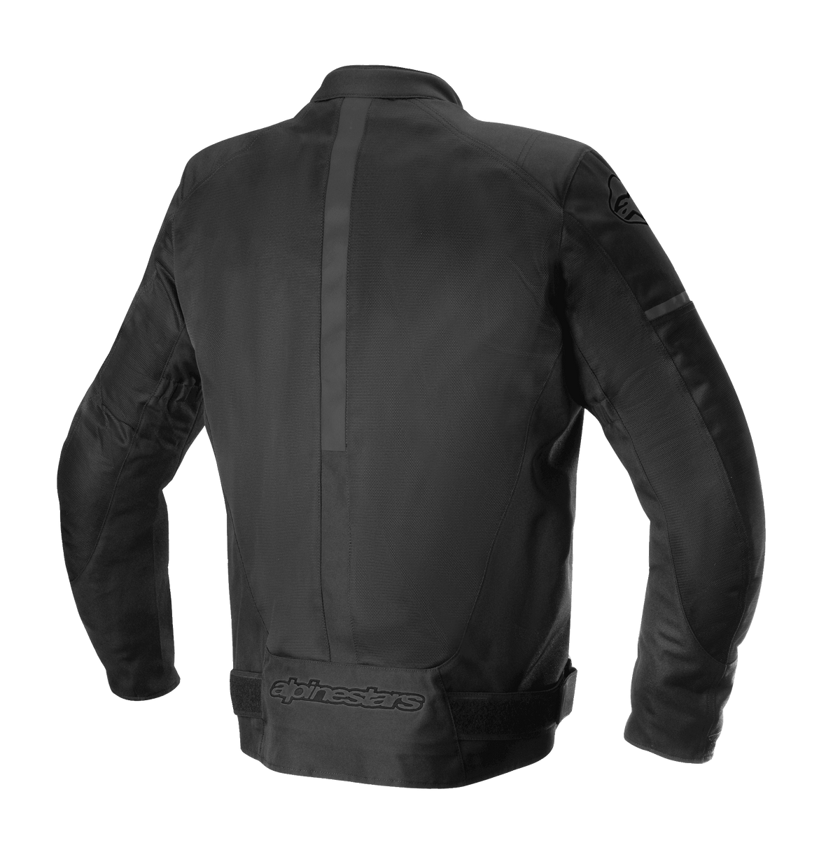 Giacca Alpinestars T-SP X Superair, giacca da moto, nero, vista posteriore con pannelli in rete tecnica, striscia centrale verticale e logo Alpinestars tono su tono sulla parte bassa della schiena, design con vestibilità sportiva su misura