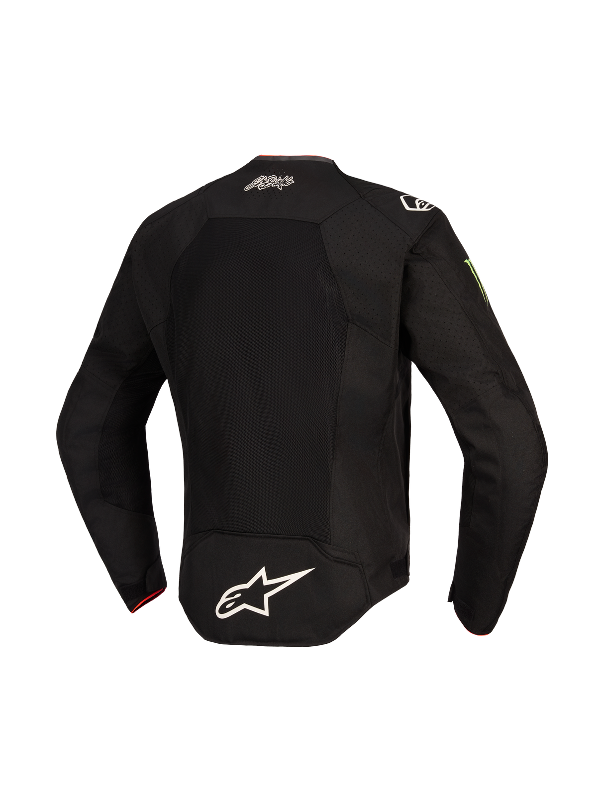 Alpinestars FQ20 T-SPS Air V2 Monster Jacket, vista posteriore, nero, con ampio pannello di ventilazione in rete, logo Alpinestars bianco sulla parte bassa della schiena, firma El Diablo sulla parte superiore della schiena e logo Monster Energy sulla manica, giacca da moto in tessuto per guida sportiva