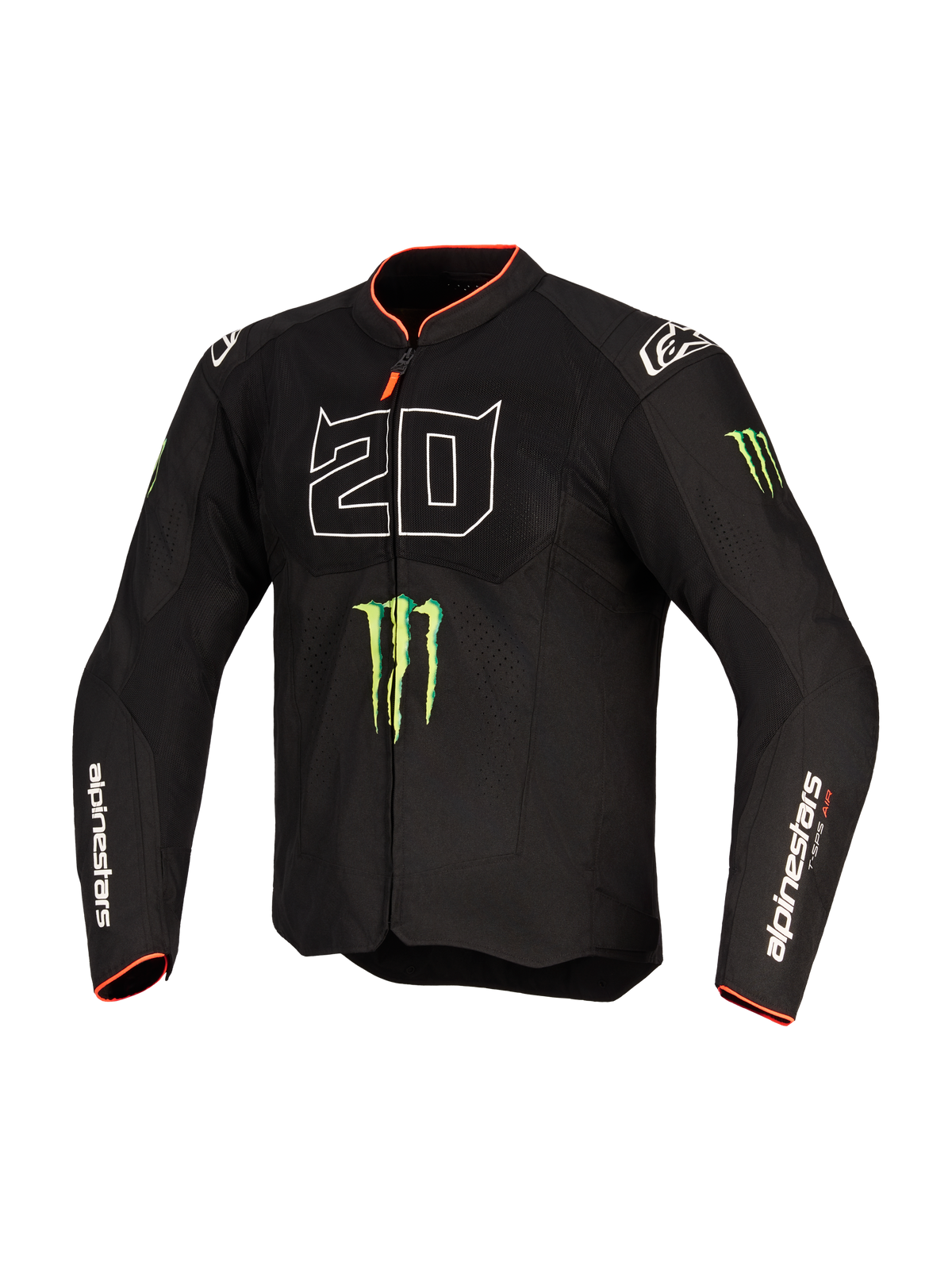 Giacca Alpinestars FQ20 T-SPS Air V2 Monster, giacca da moto in tessuto, nera con grande grafica '20' bianca, loghi verdi Monster Energy e finiture rosse su colletto e polsini, pannelli in mesh per la ventilazione, marchio Alpinestars sulle maniche, vestibilità performante per guida sportiva.