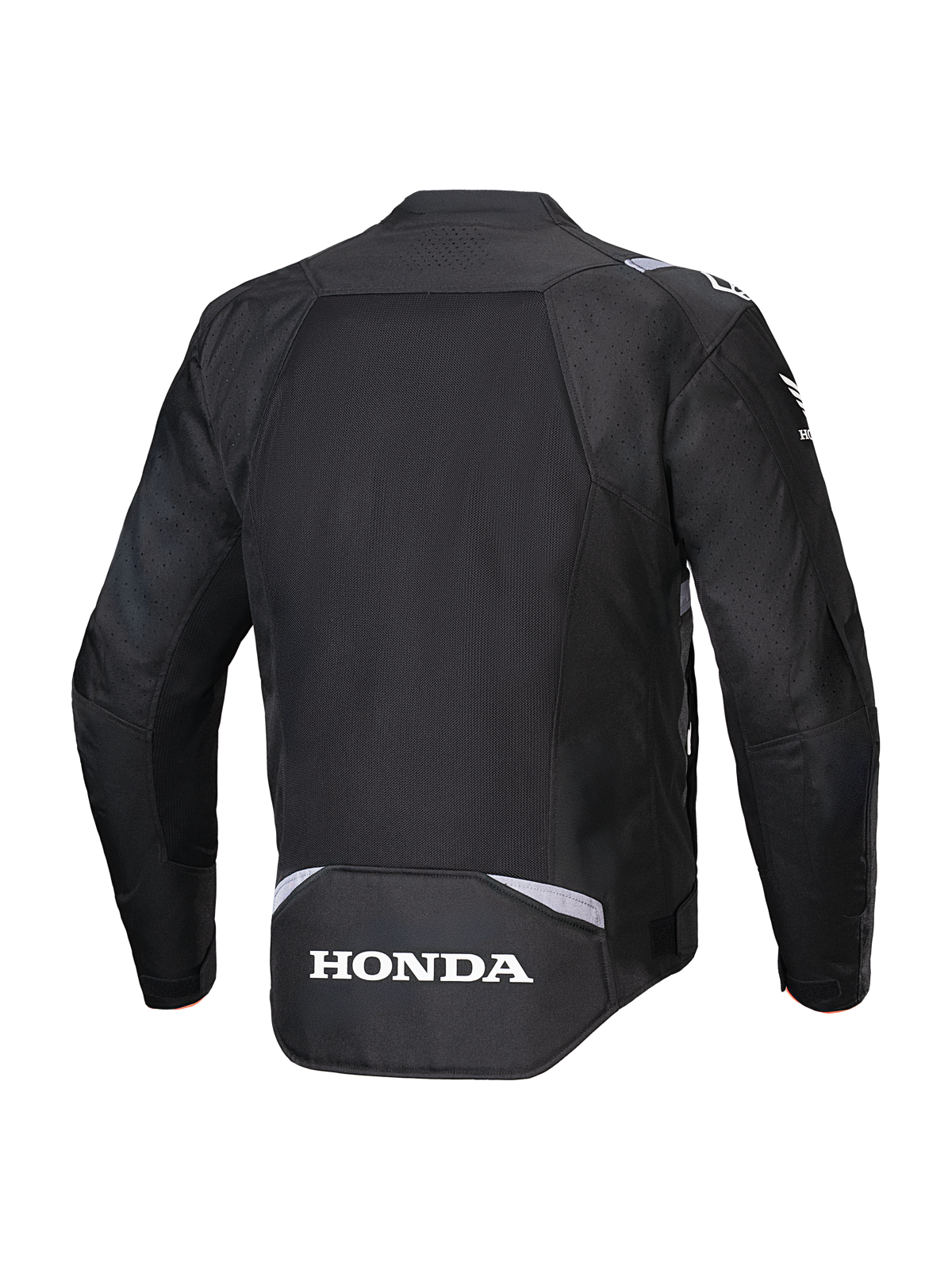 Giacca Alpinestars Honda T-SPS Air V2, nero, vista posteriore con un ampio pannello in rete per la ventilazione, logo Honda bianco sulla parte inferiore della schiena e marchio Alpinestars sulle spalle, giacca da moto in tessuto per la guida estiva