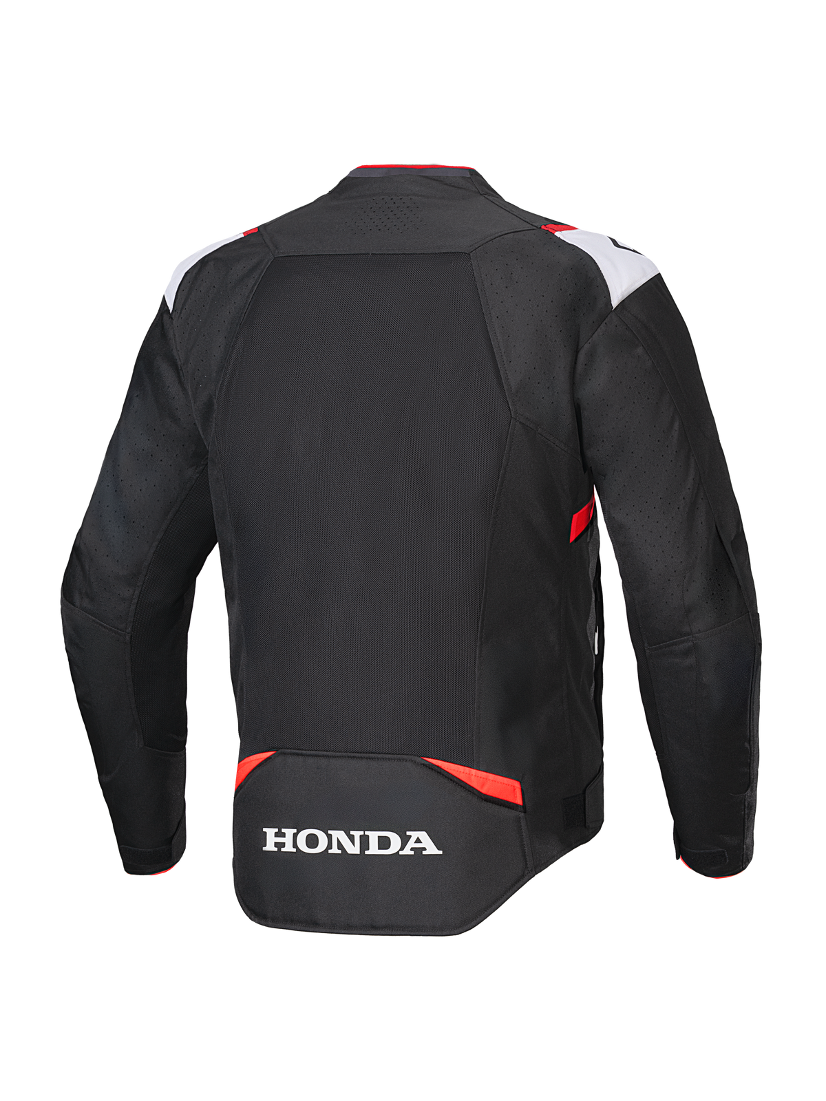 Giacca Alpinestars Honda T-SPS Air V2, giacca da moto in tessuto, nero, bianco e rosso acceso, vista posteriore con ampio pannello in rete per la ventilazione e logo Honda bianco sulla parte inferiore della schiena, design sportivo per la guida urbana estiva