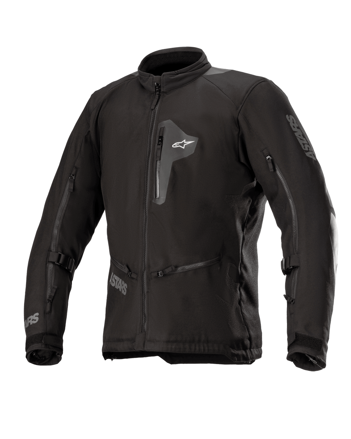 Alpinestars Venture XT Jacket, giacca da moto in tessuto nero, vista frontale con tasca pettorale con zip e ampie prese d'aria sulle maniche, cinghie regolabili sulle braccia, collo alto, costruzione idrorepellente per adventure touring.