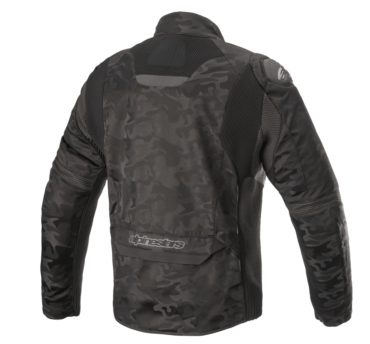 Giacca in tessuto Alpinestars T SP-5 Rideknit®, giacca da moto, Black Camo, vista posteriore con pannelli elastici in maglia, motivo mimetico su tessuto resistente all'abrasione, marchio Alpinestars sulla parte inferiore della schiena.