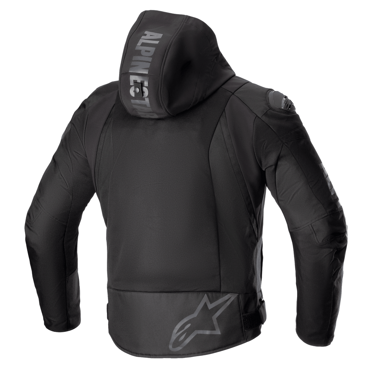 Giacca Alpinestars Zaca Air, giacca da moto in tessuto, nero, vista posteriore con ampi pannelli di ventilazione in mesh 3D, cappuccio staccabile con marchio Alpinestars, logo a stella grigio sulla parte inferiore della schiena, abbigliamento protettivo da strada con slider sulle spalle DFS Lite