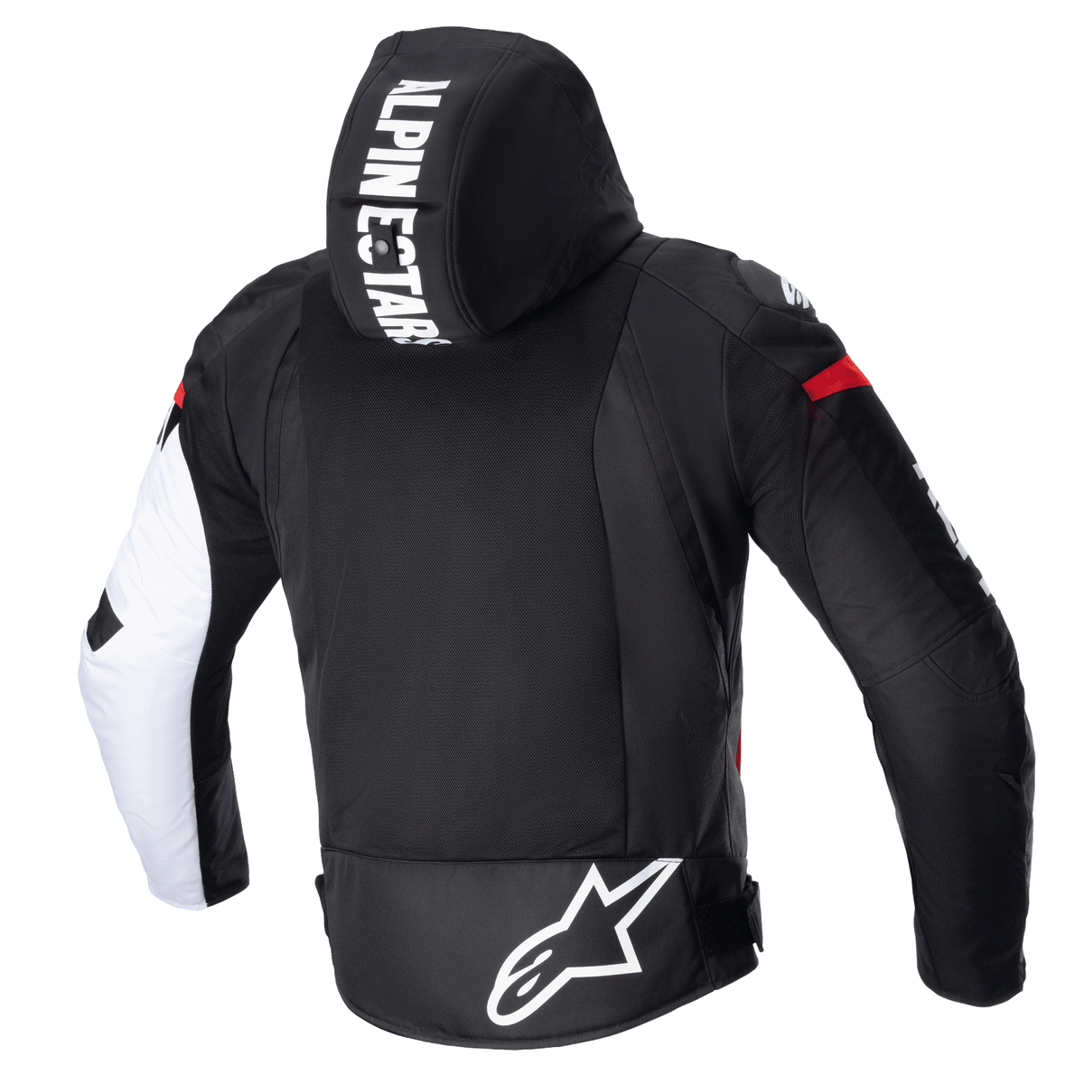 Alpinestars Zaca Air Jacket, giacca da moto in tessuto, nero, bianco e rosso fluo, vista posteriore con cappuccio staccabile con marchio in evidenza, ampio pannello posteriore in rete 3D per la ventilazione e logo Astars bianco sulla parte inferiore della schiena