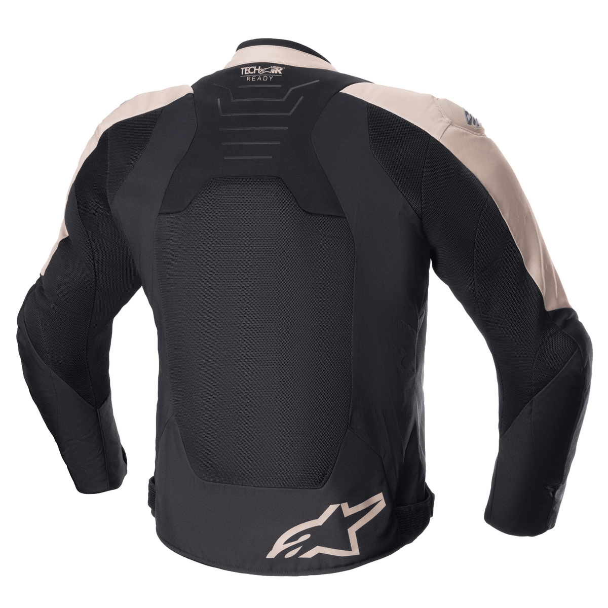 Giacca Alpinestars SMX Air, giacca sportiva da moto, marrone chiaro e nero, vista posteriore con pannelli in rete tecnica ventilata, marchio Tech-Air Ready sulla parte superiore della schiena e logo Alpinestars sul bordo inferiore.