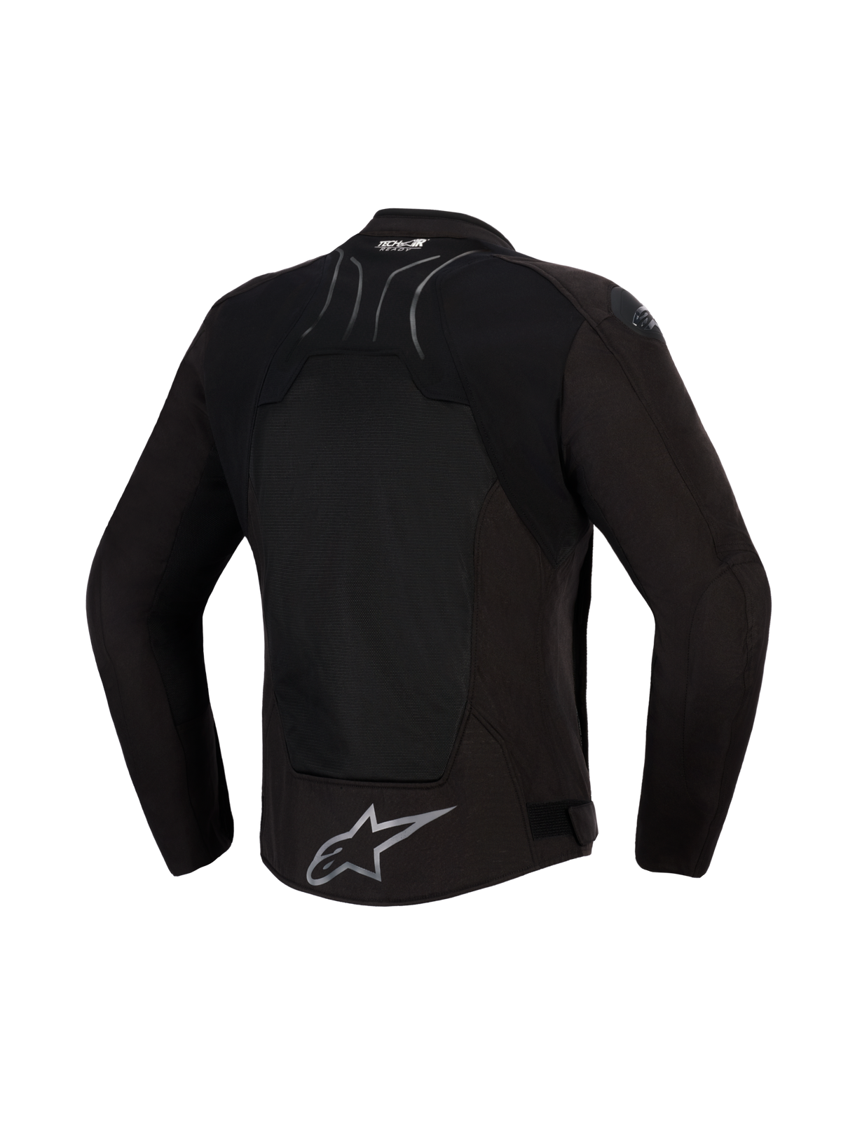 Giacca Alpinestars SMX Air, Black Anthracite, vista posteriore, con ampio pannello posteriore in mesh tecnico per la ventilazione, marchio Tech-Air® Ready sulla parte superiore della schiena e logo Alpinestars a stella argento sull'orlo inferiore, progettata per la guida sportiva in climi caldi.