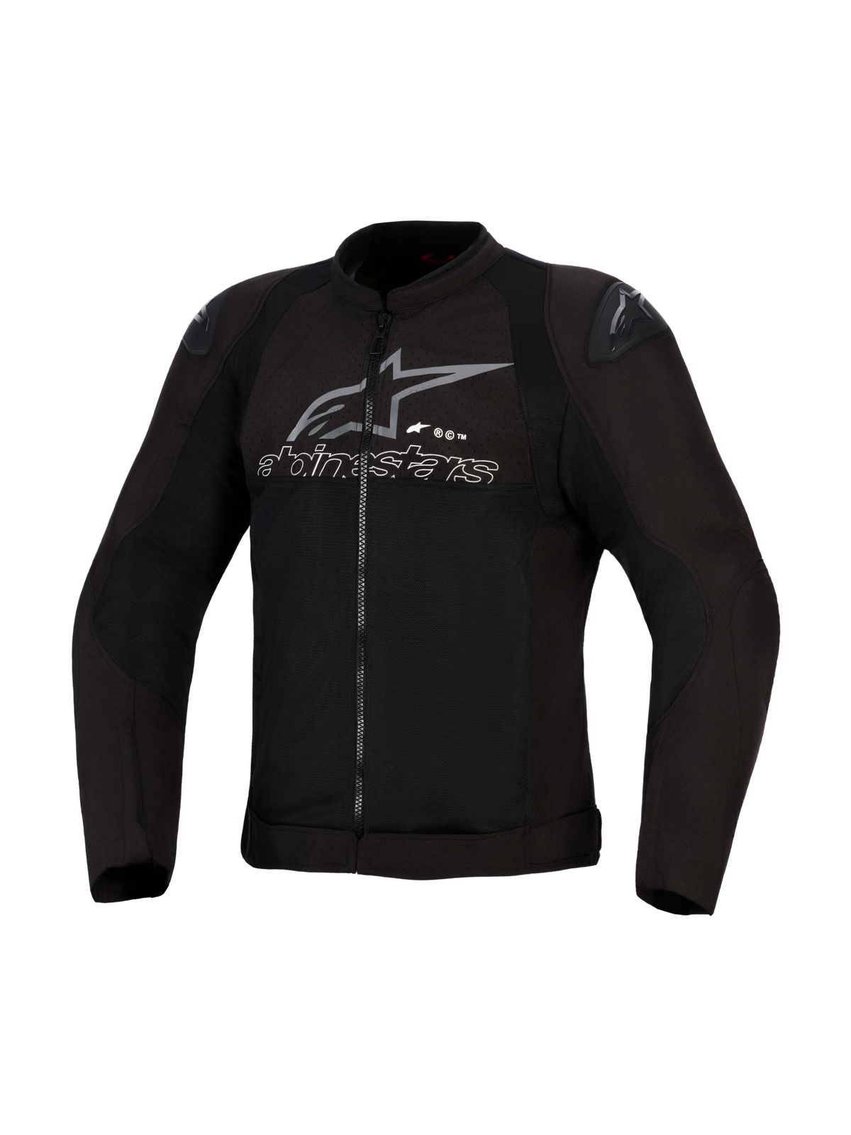Alpinestars SMX Air Jacket, nero e antracite, giacca da moto in tessuto ventilato, pannelli in rete ad alto flusso, slider per spalle DFS Lite, logo e scritta Alpinestars grigi sul petto