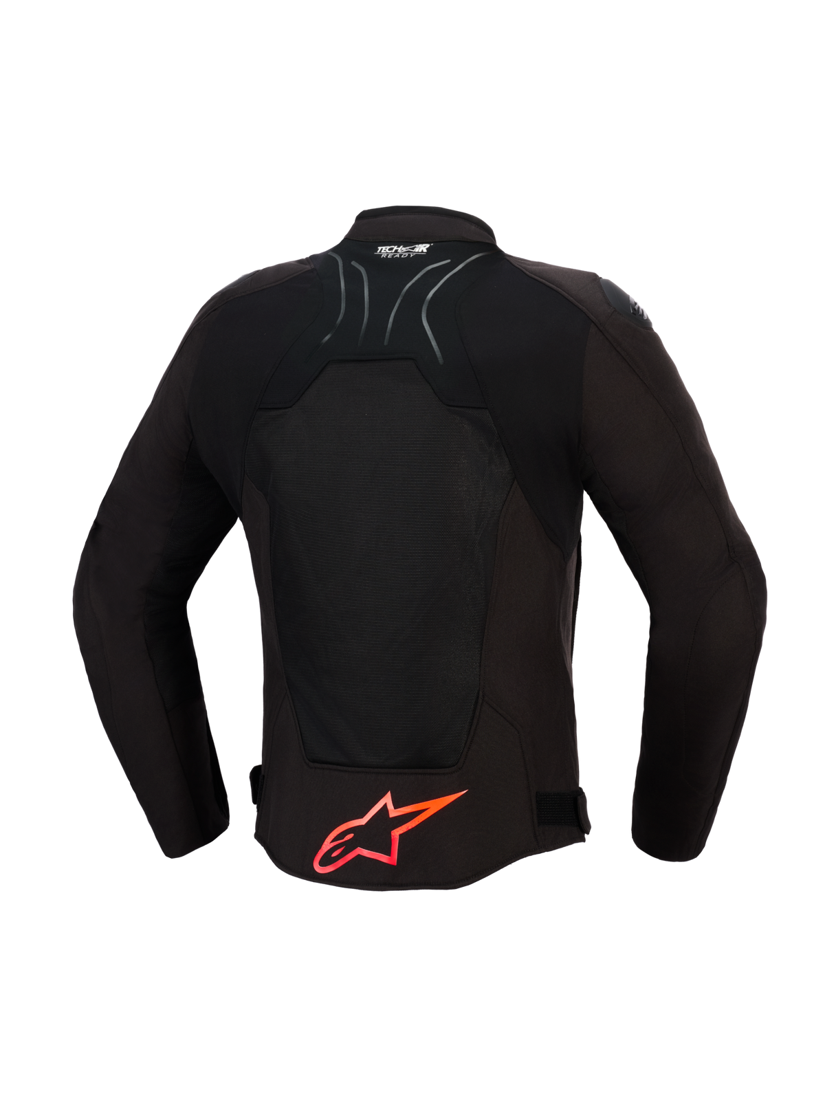 Giacca Alpinestars SMX Air, giacca da moto, nero con dettagli rosso brillante, vista posteriore con pannelli in rete tecnica per il flusso d'aria, grande logo Alpinestars rosso sulla parte inferiore della schiena, logo Tech-Air Ready sul colletto, design sportivo per la guida ad alte prestazioni.