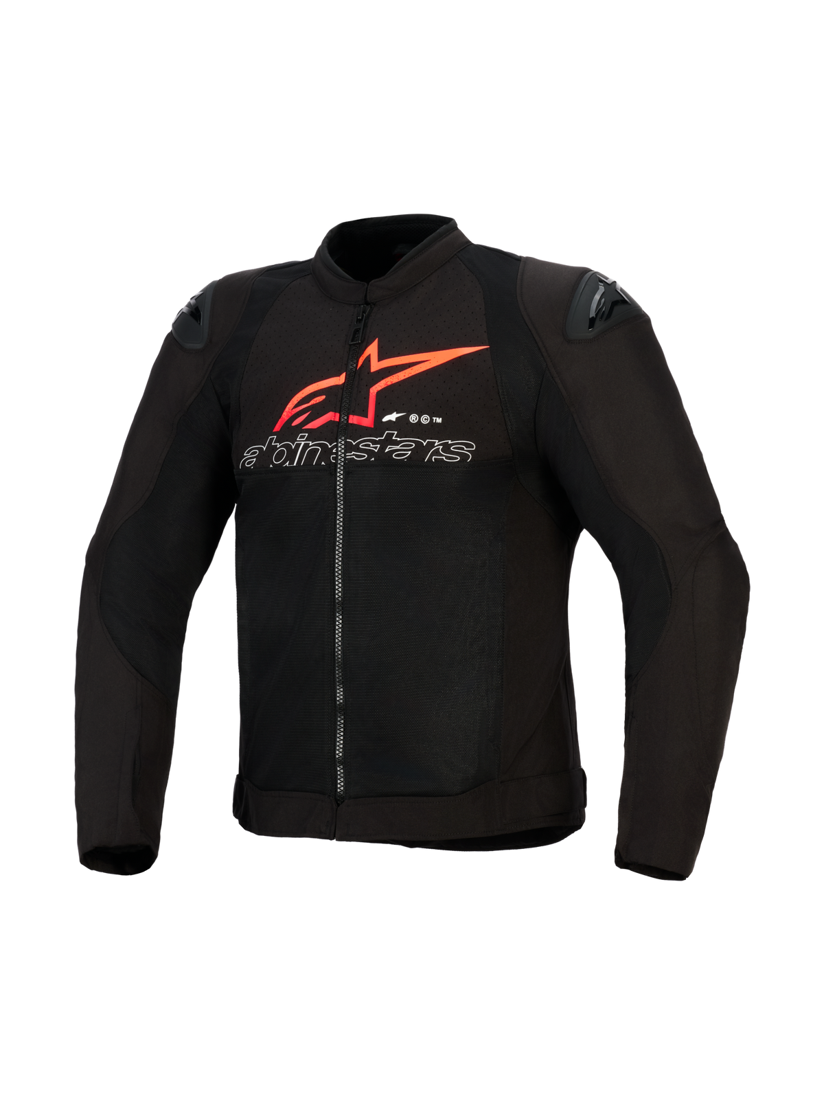 Giacca Alpinestars SMX Air, giacca da moto, nera con dettagli rosso brillante e bianchi, con grande logo a stella rosso e scritta profilata in bianco sul petto, pannelli in rete e slider neri sulle spalle, abbigliamento tecnico per guida sportiva