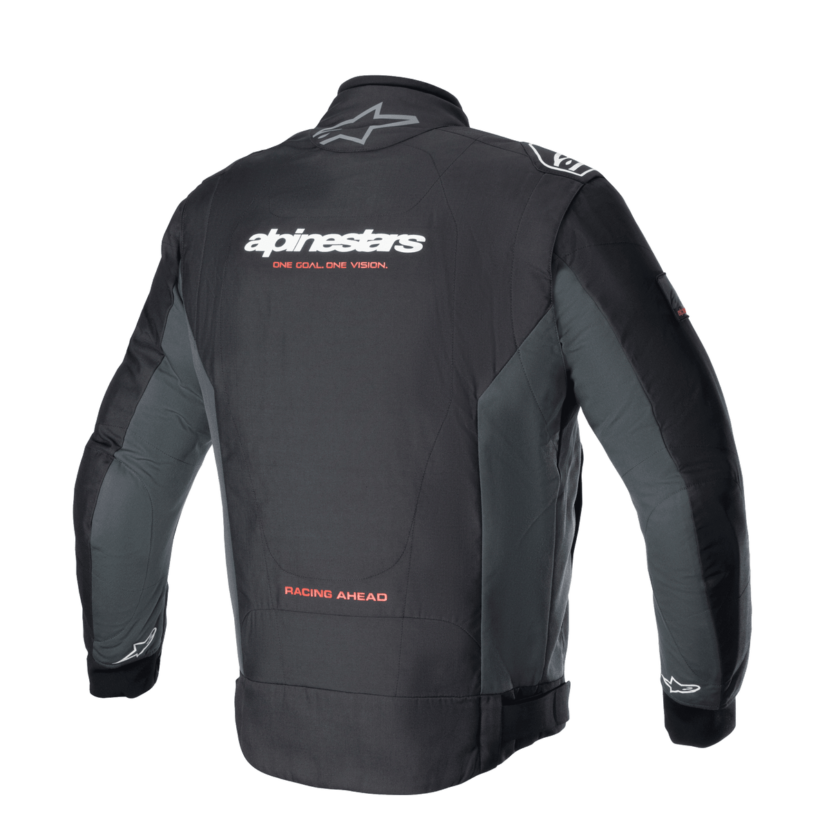 Giacca Alpinestars Monza Sport, giacca da moto in tessuto Black Tar Gray vista dal retro, con loghi bianchi e slogan rosso 'ONE GOAL. ONE VISION.', pannelli laterali grigi e scritta 'RACING AHEAD' sulla parte inferiore della schiena