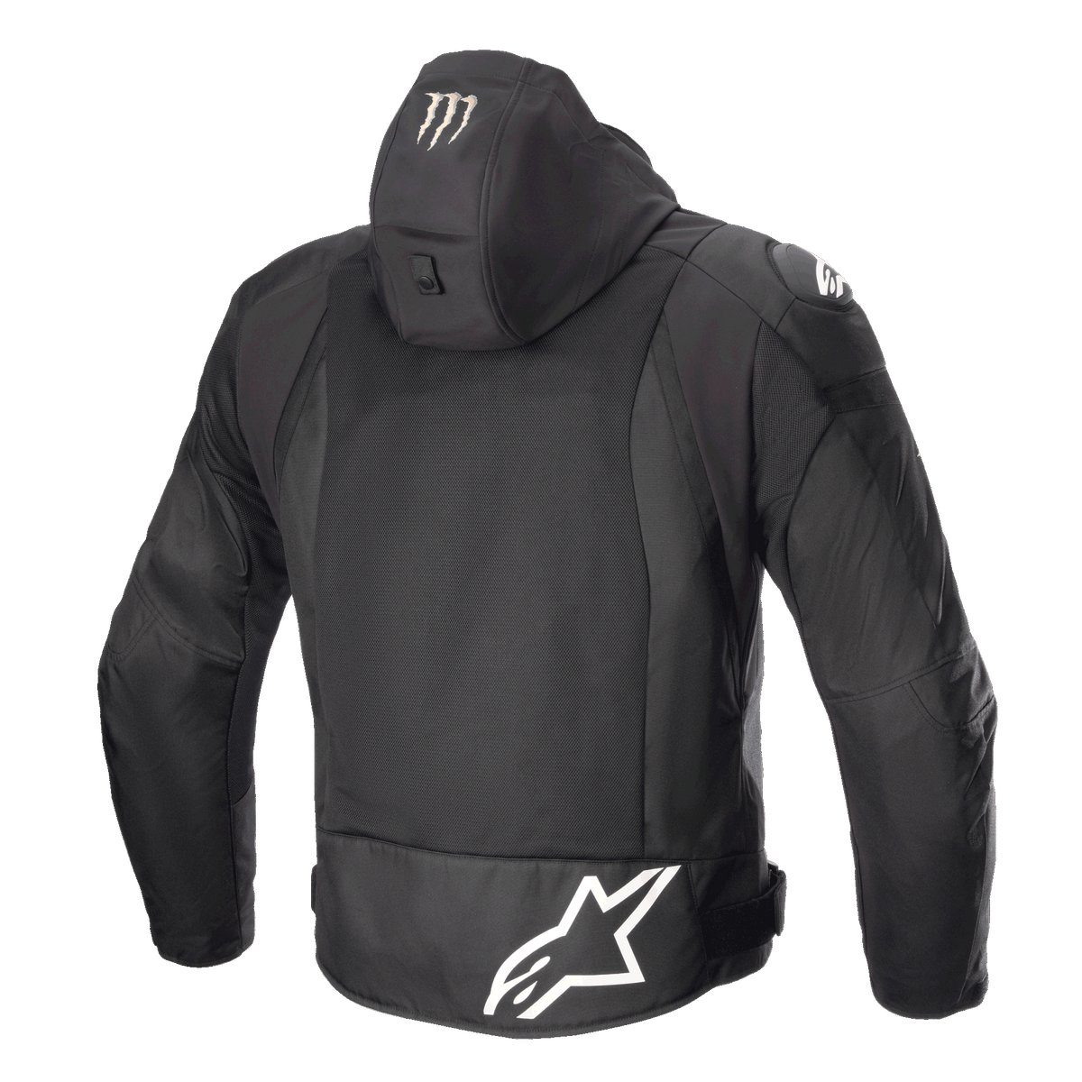Alpinestars FQ20 Zaca Air Monster Jacket, giacca da moto in tessuto, nero e bianco, vista posteriore con grande logo Alpinestars bianco sulla parte bassa della schiena, logo Monster Energy sul cappuccio, pannelli di ventilazione in rete 3D e cursori per le spalle DFS Lite.