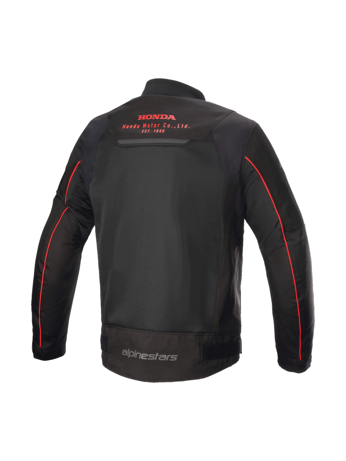 Alpinestars Giacca Honda Luc V2 Air, giacca da moto urban da uomo, nera e rossa, vista posteriore con pannelli in rete traspiranti, logo Honda sulla schiena, stile bomber in tessuto poliestere