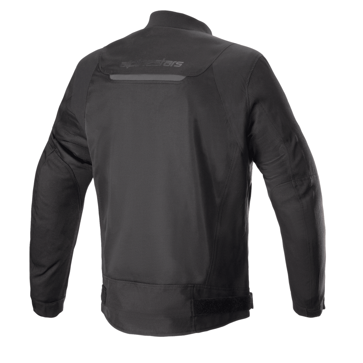 Giacca Alpinestars Luc V2 Air, nero, vista posteriore di una giacca da moto urban in stile bomber con ampi pannelli in rete per il flusso d'aria, striscia riflettente sulla parte superiore della schiena e cinturini regolabili in vita
