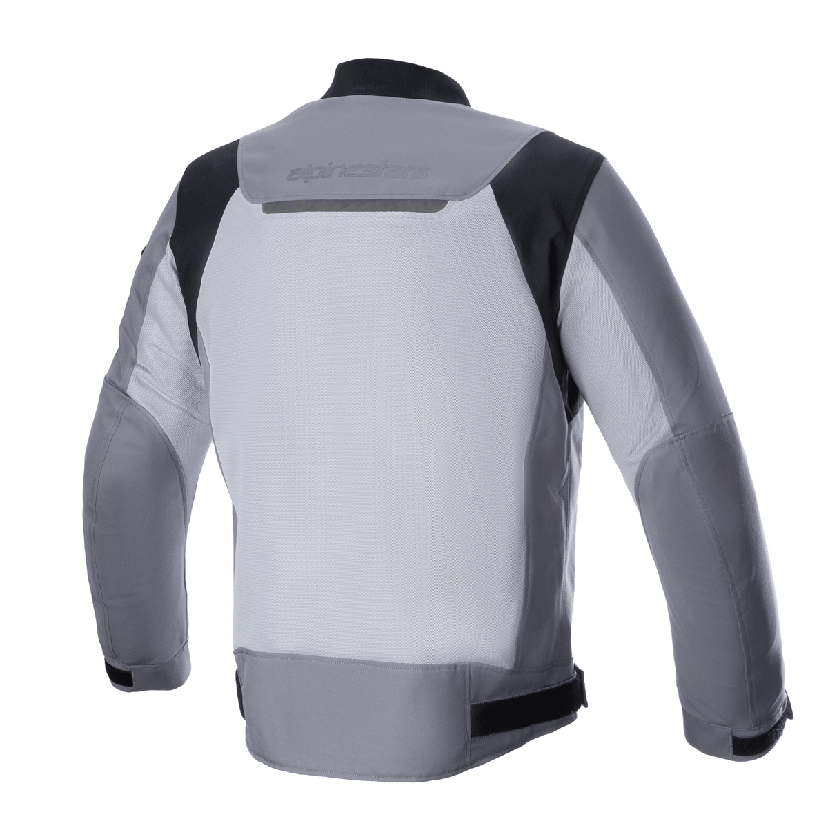 Giacca Alpinestars Luc V2 Air, giacca da moto in tessuto, grigio scuro e grigio medio, vista posteriore con ampio pannello in mesh ventilato, inserti neri sulle spalle e logo riflettente sulla parte superiore della schiena