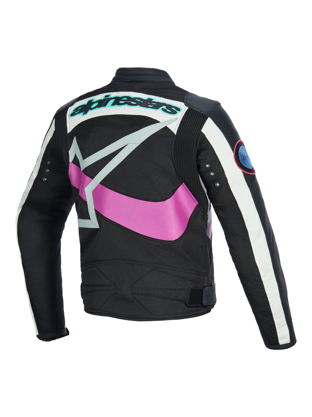 Vista posteriore giacca da donna Alpinestars Idles, nero con bianco avorio e viola, con grande logo a stella rosa avvolgente, scritta color verde acqua e occhielli in metallo sulle maniche, design d'ispirazione vintage con pannelli a fisarmonica per la guida urbana in moto