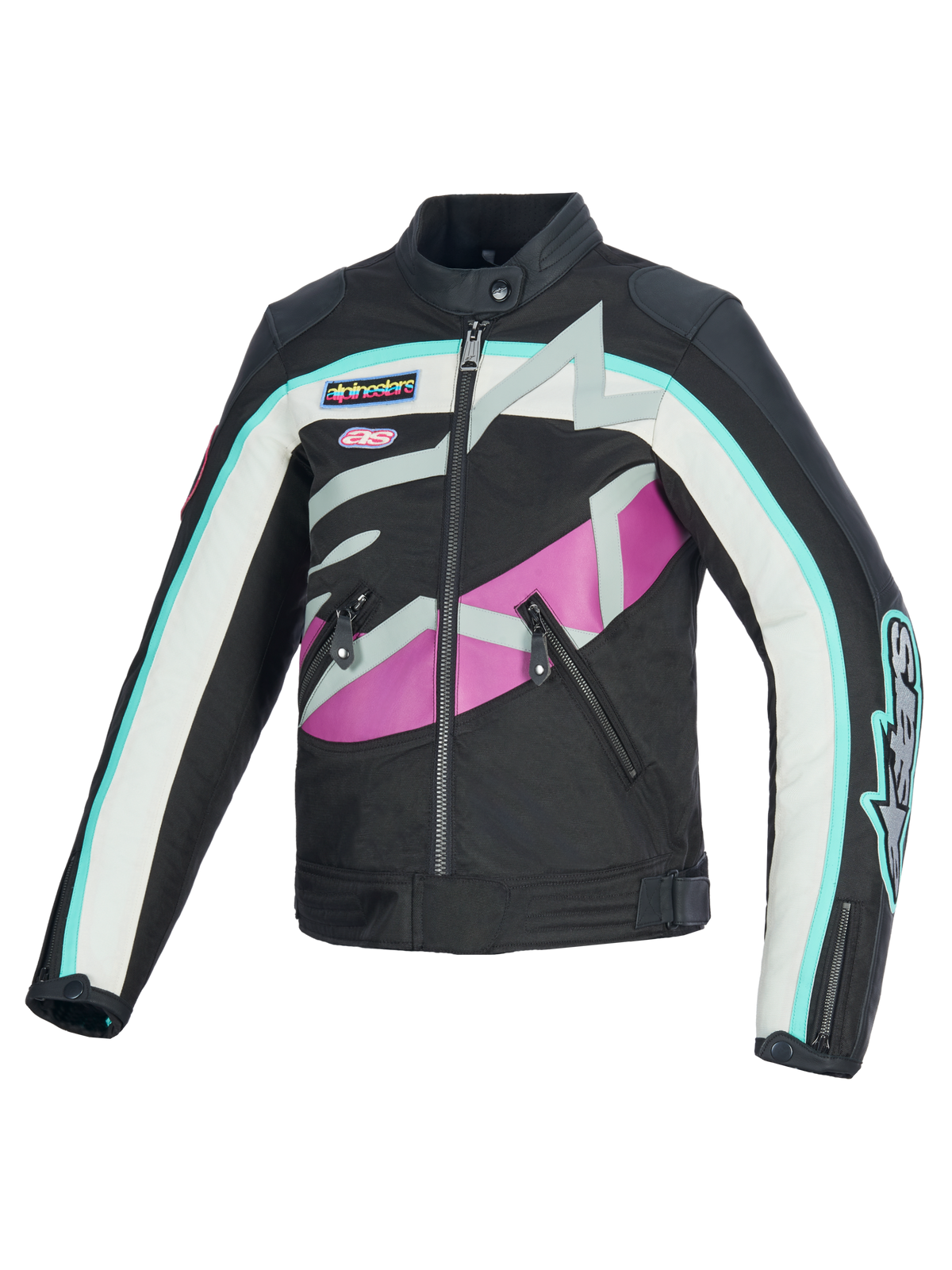 Giacca da donna Alpinestars Idles, giacca da moto, nero, bianco sporco e viola, caratterizzata da un design d'ispirazione racing vintage con audace logo Alpinestars avvolgente e patch logate, struttura in tessuto e pelle, abbigliamento urban riding resistente all'acqua
