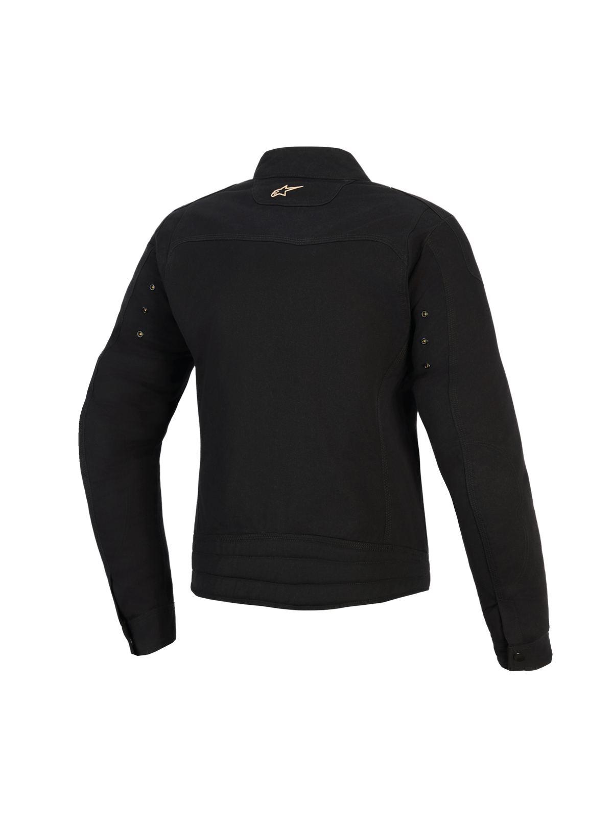 Giacca Alpinestars Stella Grace, giacca da moto urban da donna, nero, vista posteriore con un piccolo logo Astar dorato sul collo, occhielli in metallo sulle maniche e cuciture plissettate sulla parte inferiore della schiena.