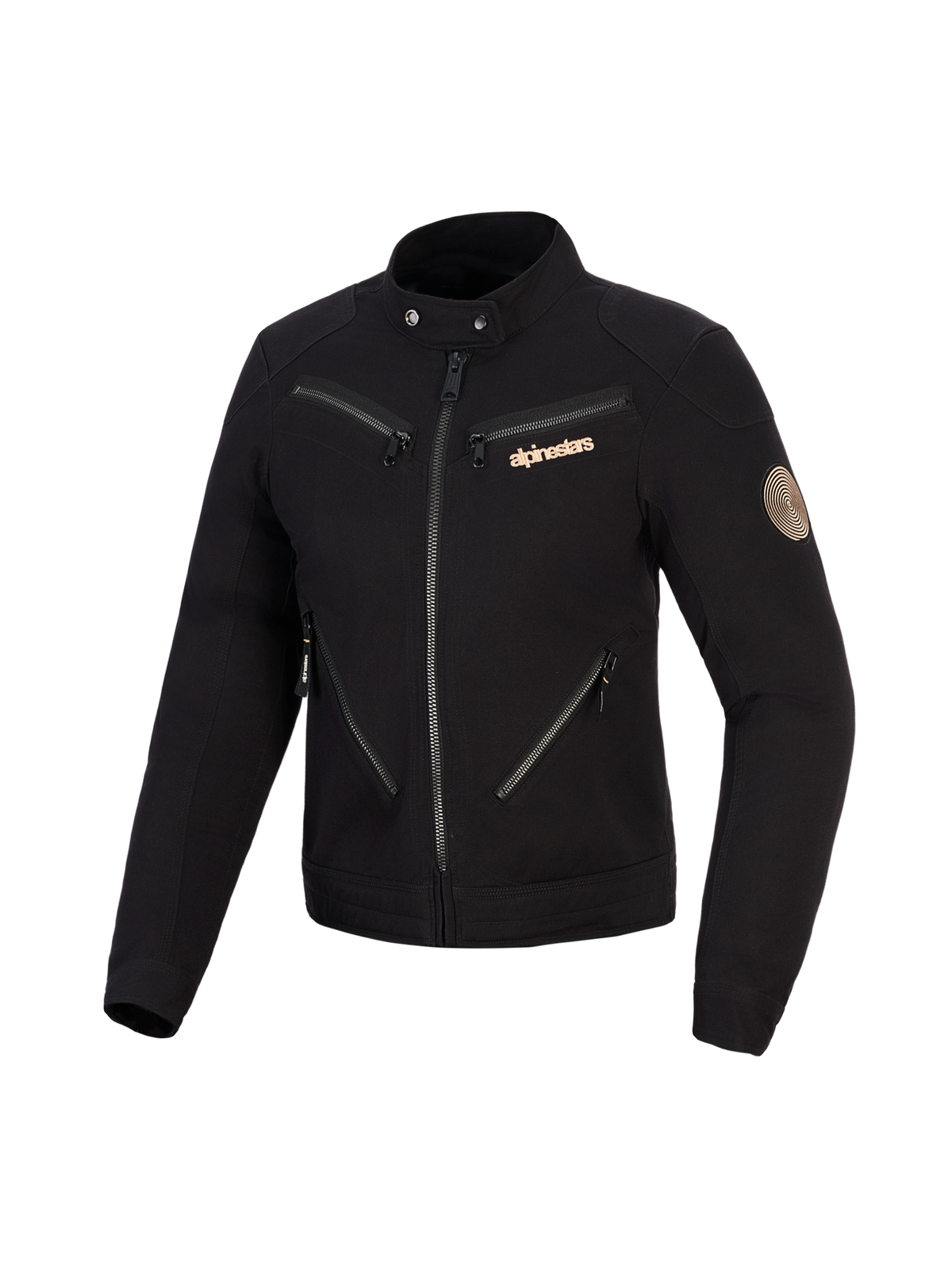 Giacca Alpinestars Stella Grace, giacca da moto da donna, nera, design di ispirazione workwear urbano con molteplici cerniere frontali, colletto con bottoni a pressione, logo Alpinestars color rame e patch vintage a spirale sulla manica