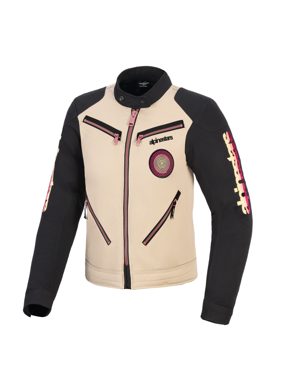 Giacca Alpinestars Stella Grace, giacca da moto da donna, color alluminio e nero con dettagli rosa sulle cerniere, vista frontale con design ispirato al workwear urbano, patch Oscar a spirale sul petto e logo Alpinestars sulle maniche