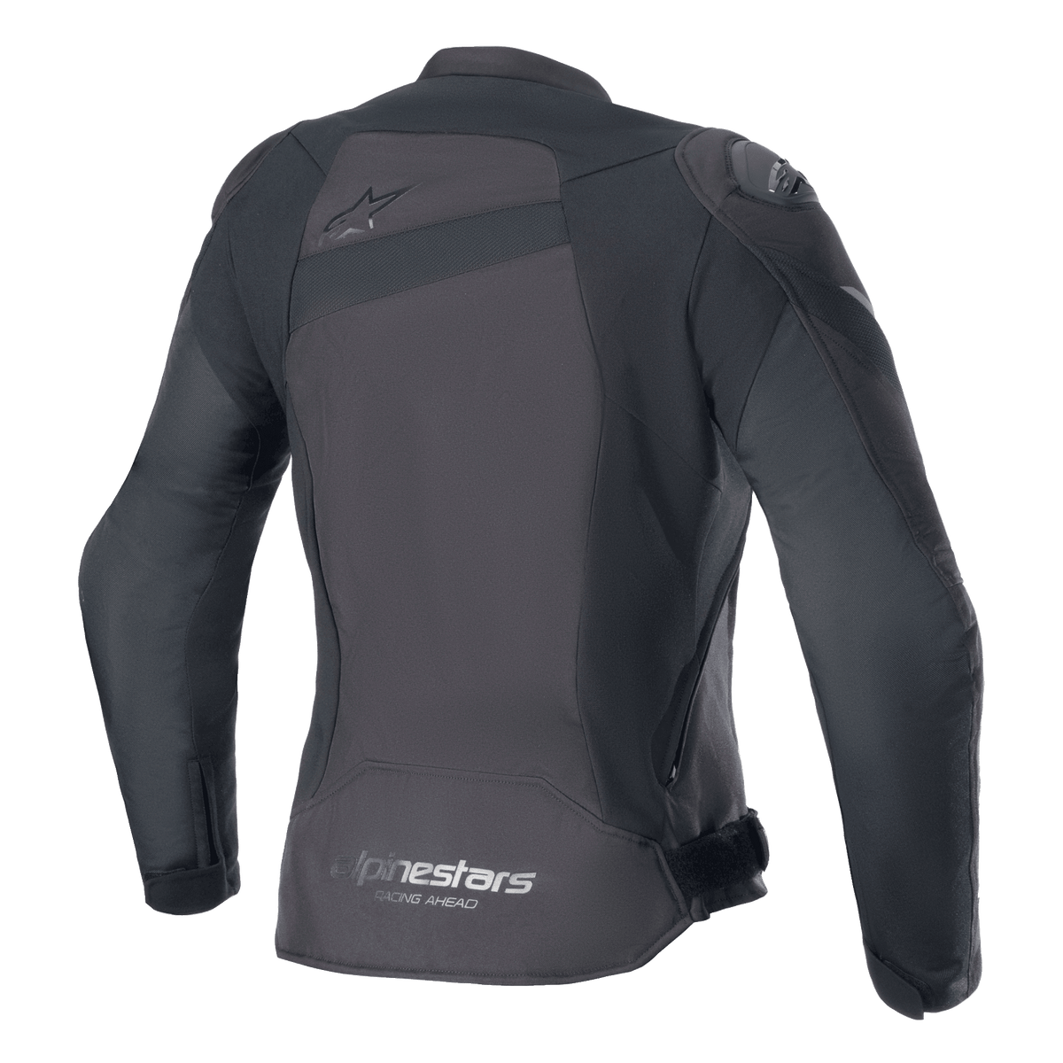 Giacca Alpinestars Stella T-GP Plus R V4, giacca da moto in tessuto da donna, nero/nero, vista posteriore con logo Astar tono su tono sulla parte superiore della schiena e marchio 'alpinestars RACING AHEAD' sull'orlo inferiore, vestibilità sportiva con pannelli protettivi visibili.