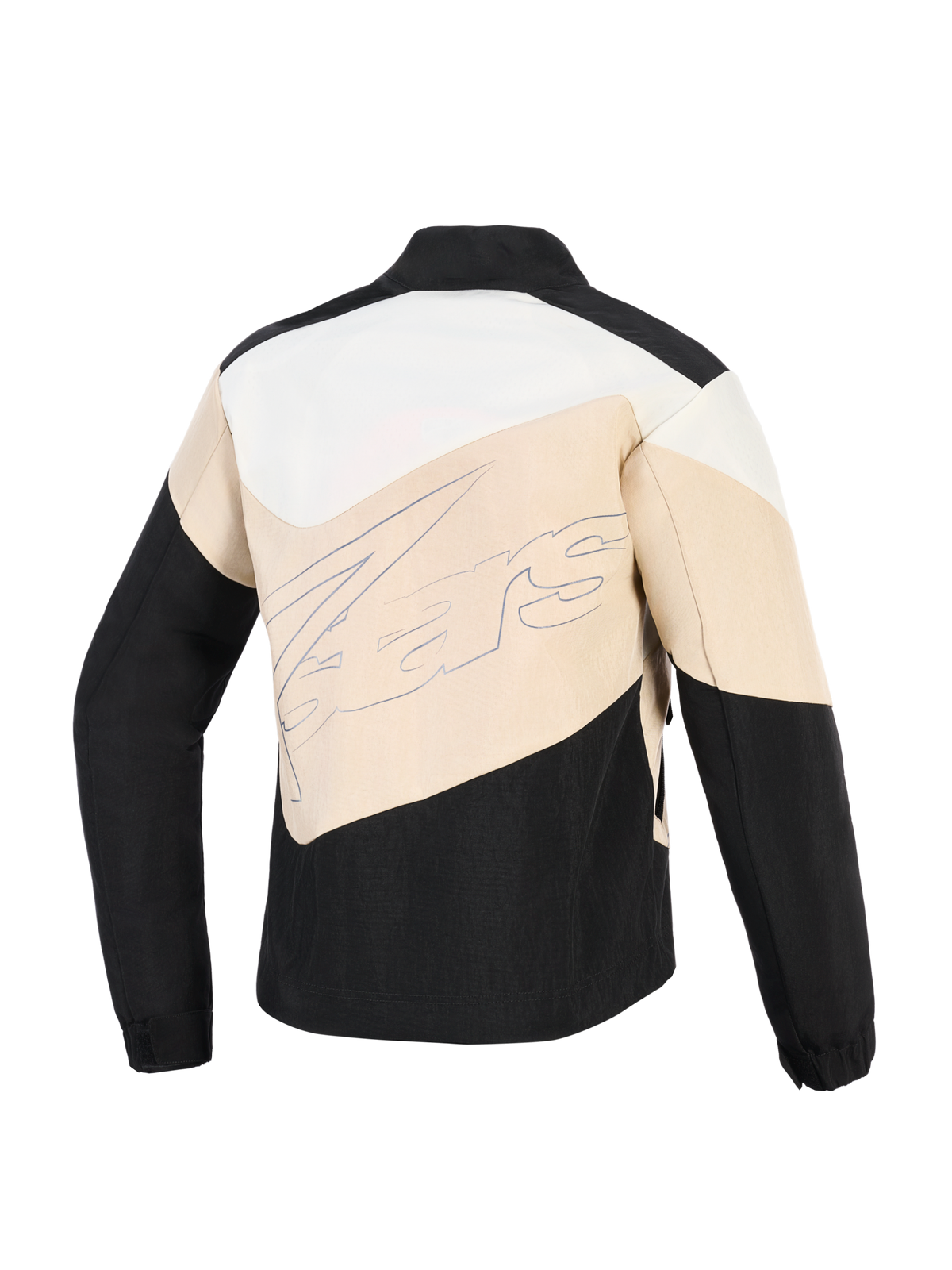 Giacca Alpinestars Stella Moshell, giacca da moto urbana da donna, Black Sand e Off White, vista posteriore con pannelli a blocchi di colore asimmetrici e grande logo del marchio in corsivo al centro.