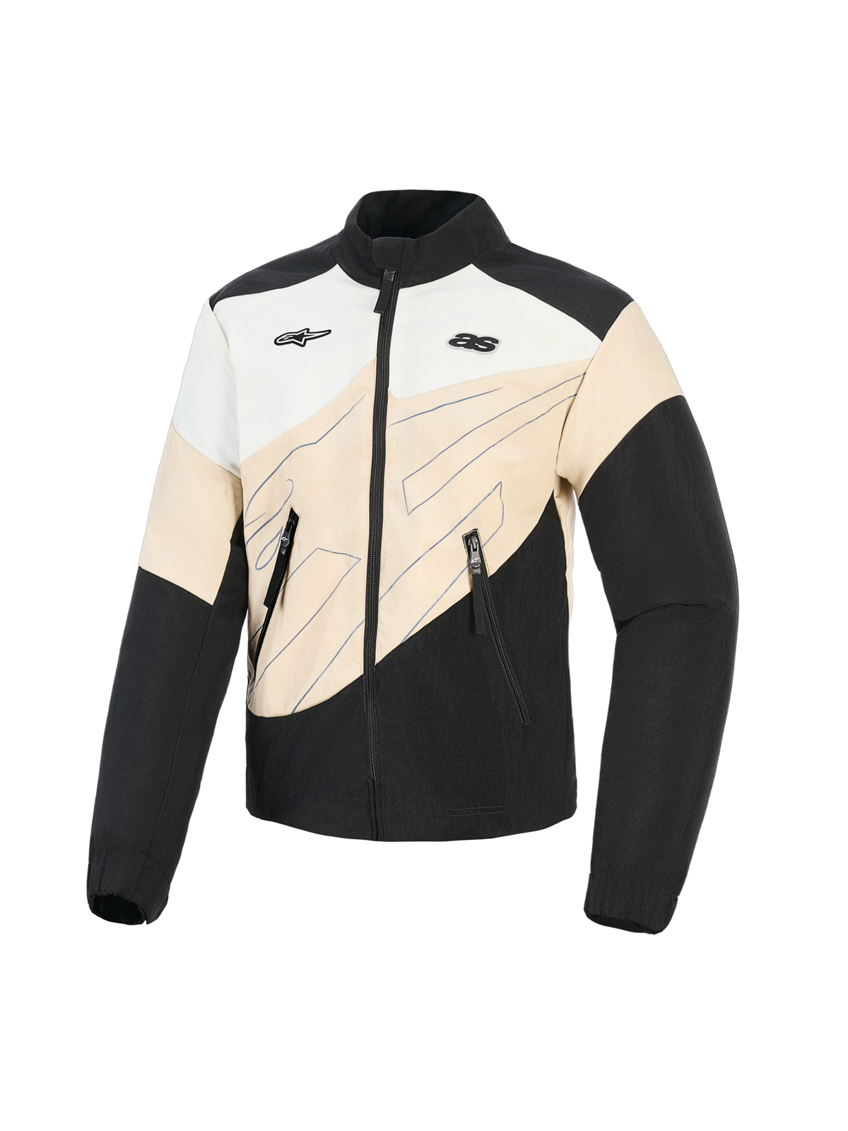 Giacca Alpinestars Stella Moshell, giacca da moto urbana da donna, nero, sabbia e off-white, design asimmetrico color-block con grafiche a linee blu, chiusura frontale con zip e doppi loghi sul petto, abbigliamento protettivo ispirato allo streetwear